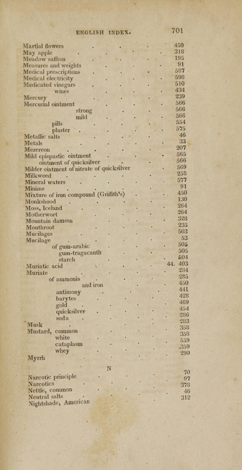 Martial flowers May apple Meadow saffron Measures and weights Medical prescriptions Medical electricity- Medicated vinegars wines Mercury Mercurial ointment strong mild pills plaster Metallic salts Metals Mezereon Mild epispastic ointment ointment of quicksilver Milder ointment of nitrate of quicksilv Milkweed Mineral waters Minims Mixture of iron compound (Griffith's) Monkshood Moss, Iceland Motherwort Mountain damson Mouthroot Mucilages Mucilage of gum-arabic gum-tragacanth starch Muriatic acid Muriate of ammonia and iron antimony barytes gold quicksilver soda ' Musk Mustard, common white cataplasm whey Myrrh N Narcotic principle Narcotics Nettle, common Neutral salts Nightshade, American 450 318 195 91 587 598 510 434 239 566 566 566 554 575 46 33 207 565 566 569 258 577 91 450 130 264 264 328 235 503 53 505 505 604 44. 403 284 285 450 441 428 469 454 286 283 358 358 559 .359 290 70 97 378 46 312