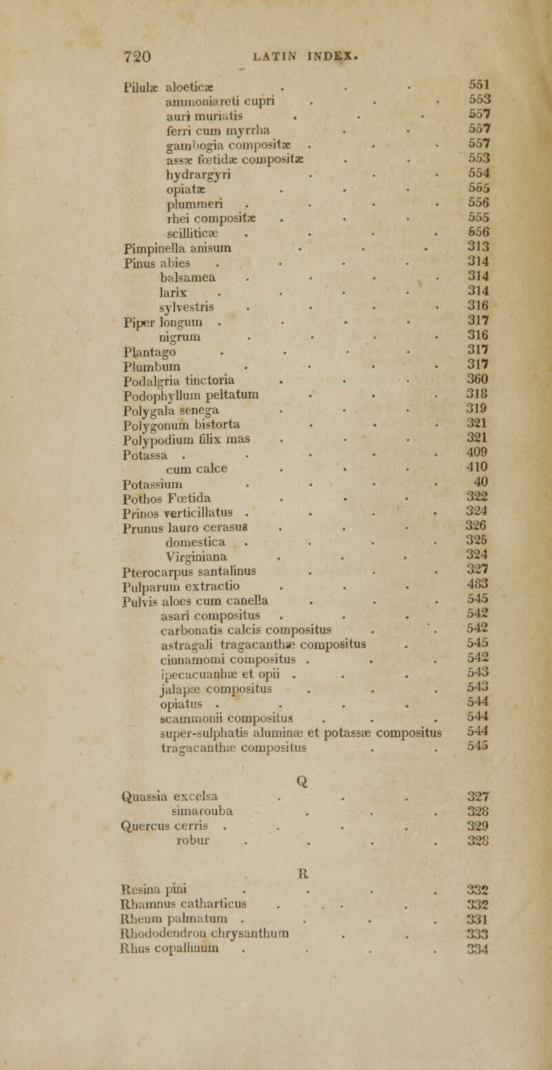 Pilulae aloeticae 551 ammonia reti cupri 553 auri murii.li^ 557 ferri cum myrrha 557 gamhogia compositae 557 assae foetidae compositae 553 hydrargyri 554 opiatae 565 plummeri 556 rhei compositae 555 scilliticae 656 Pimpinella anisum 313 Pinus abies . 314 balsamea 314 larix ..-.'.• 314 sylvestris 316 Piper longum .... 317 nigrum 316 Plantago . 317 Plumbum 317 Podalgria tinctoria 360 Podophyllum peltatum 318 Polygala senega 319 Polygonum bistorta 321 Poly podium filix mas 321 Potassa .•••'• 409 cum calce . • 410 Potassium 40 Pothos Foetida 322 Prinos rerticillatus . 324 Prunus lauro cerasus 326 domestica 325 Virginiana 324 Pterocarpus santalinus 327 Pulparum extractio 483 Pulvis aloes cum canella 545 asari compositus 542 carbonatis calcis compositus 542 astragali tragacanthse compositus 545 cinnamomi compositus . 542 ipecacuanha? et opii . 543 jalapae compositus 543 opiatus .... 544 scammonii compositus 544 super-sulphatis alumina; et potassa? compos tus 544 tragacanthse compositus 545 Q Quassia excelsa 327 simarouba 328 Quercus cerris . . . 329 robur 328 R Pi.esina pini 332 Rhainnus catharticus . . 332 Rheum palmatum . 331 Rhododendron chrysanthum 333 Rhus copallinum 334