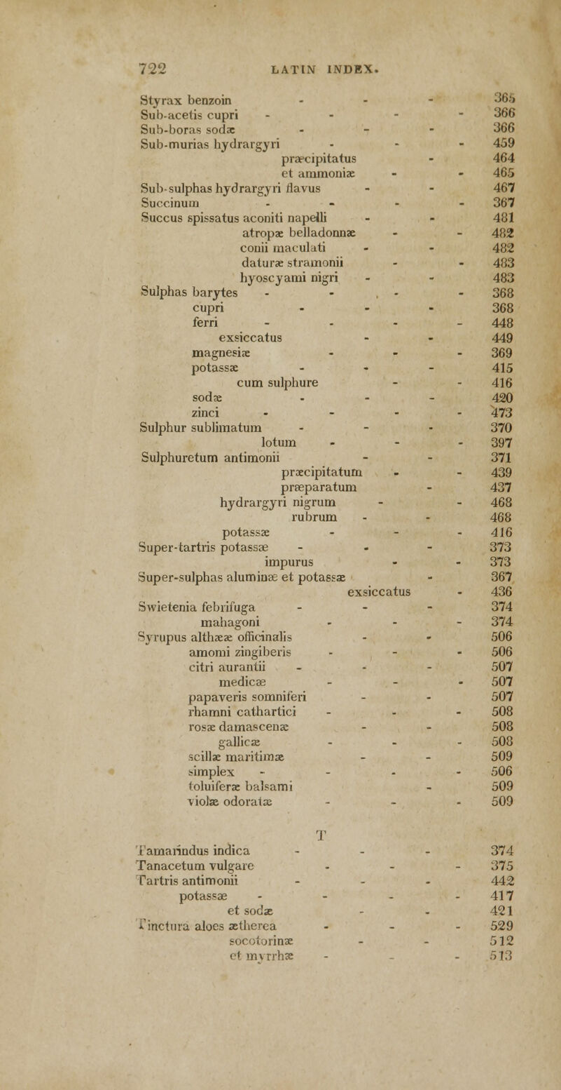 Styrax benzoin - ■ 36S Sub-acetis cupri - 366 Sub-boras sorlae ... 366 Sub-murias hydrargyri 459 praecipitatus 464 et aramoniae 465 Sub-sulphas hydrargyri flavus 467 Succinum 367 Succus spissatus aconiti napelli 481 atropae belladonnae 482 conii maculati 482 daturae strainonii 483 hyoscyami nigri 483 Sulphas barytes - - 368 cupri ... 368 ferri ... 448 exsiccatus 449 magnesia 369 potassae - 415 cum sulphure 416 sodae - 420 zinci ... 473 Sulphur sublimatum ... 370 lotum 397 Sulphuretum antimonii 371 proecipitatum 439 praeparatuni 437 hydrargyri nigrum 468 rubrum 468 potassae 416 Super-tartris potassae - 373 impurus 373 Super-sulphas aluminas et potassae 367 exsiccatus 436 Swietenia febrifuga - 374 mahagoni 374 Syrupus althaeae officinalis 506 amomi zingiberis 506 citri aurantii 507 medicae 507 papaveris somniferi 507 rhamni cathartici 508 rosae damascenae 508 gallicas 508 scillse maritirnae 509 simplex ... 506 toluiferae balsam i 509 violae odoratje 509 T Tamarindus indica ... 374 Tanacetum vulgare 375 Tartris antimonii ... 442 potassae ... 417 et sodae 421 iinctnra aloes aetherea 529 socotorinae 512 el myrrhs 513