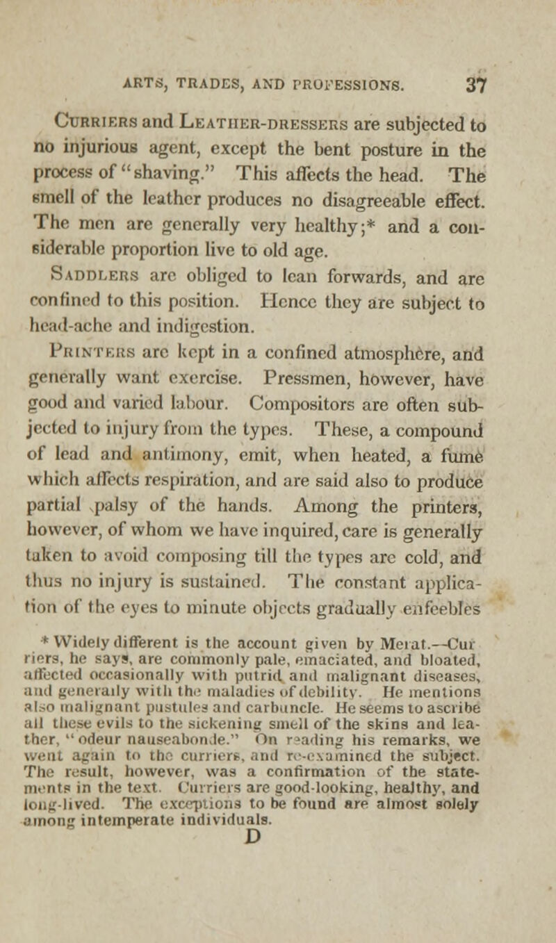 Curriers and Leather-dressers are subjected to no injurious agent, except the bent posture in the process of shaving. This affects the head. The smell of the leather produces no disagreeable effect. The men are generally very healthy;* and a con- riderable proportion live to old age. Saddlers are obliged to lean forwards, and are ronlined to this position. Hence they are subject to head-ache and indigestion. Printers arc kept in a confined atmosphere, arid generally want exercise. Pressmen, however, have good and varied labour. Compositors are often sub- jected to injury from the types. These, a compound of lead and antimony, emit, when heated, a fume which affects respiration, and are said also to produce partial palsy of the hands. Among the printers, however, of whom we have inquired, care is generally taken to avoid composing till the types are cold, and thus no injury is sustained. The constant applica- tion of (lie eyes to minute objects gradually enfeebles * Widely different is the account given by.Meiat.—Cut riers, he says, are commonly pale, emaciated, and bloated, affected occasionally with putrid and malignant diseases, and generally with lh.' maladies of debility. He mentions .-)(.-o malignant pustules and carbuncle. He seems to ascribe all these evils to the sickening smell of the skins and lea- ther,  odeur nauseabonde. On reading his remarks, we iveni again t ill curriers, and re-examined the subject. The result, however, was a confirmation of the state- ments in the text Curriers are good-looking, healthy, and long-lived. The exceptions to be found arp almost solely among intemperate individuals. D