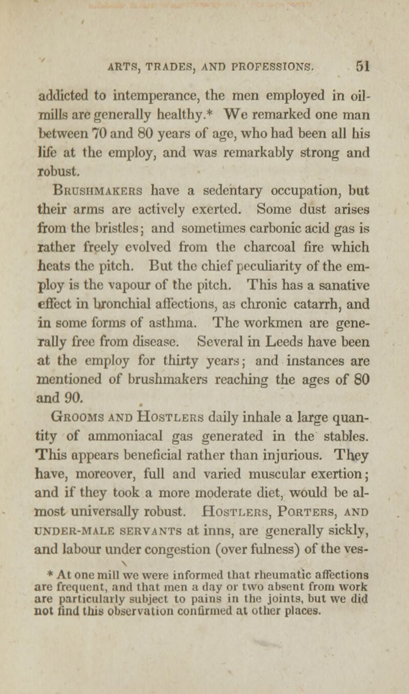 addicted to intemperance, the men employed in oil- mills are generally healthy.* We remarked one man between 70 and 80 years of age, who had been all his life at the employ, and was remarkably strong and robust. Brusiimakers have a sedentary occupation, but their arms are actively exerted. Some dust arises from the bristles; and sometimes carbonic acid gas is rather freely evolved from the charcoal fire which heats the pitch. But the chief peculiarity of the em- ploy is the vapour of the pitch. This has a sanative effect in bronchial affections, as chronic catarrh, and in some forms of asthma. The workmen are gene- rally free from disease. Several in Leeds have been at the employ for thirty years; and instances are mentioned of brusiimakers reaching the ages of 80 and 90. Grooms and Hostlers daily inhale a large quan- tity of ammoniacal gas generated in the stables. This appears beneficial rather than injurious. They have, moreover, full and varied muscular exertion; and if they took a more moderate diet, would be al- most universally robust. Hostlers, Porters, and under-male servants at inns, are generally sickly, and labour under congestion (over fulness) of the ves- \ * At one mill we were informed that rheumatic affections are frequent, and that men a day or two absent from work are particularly subject to pains in the joints, but we did not find this observation confirmed at other places.