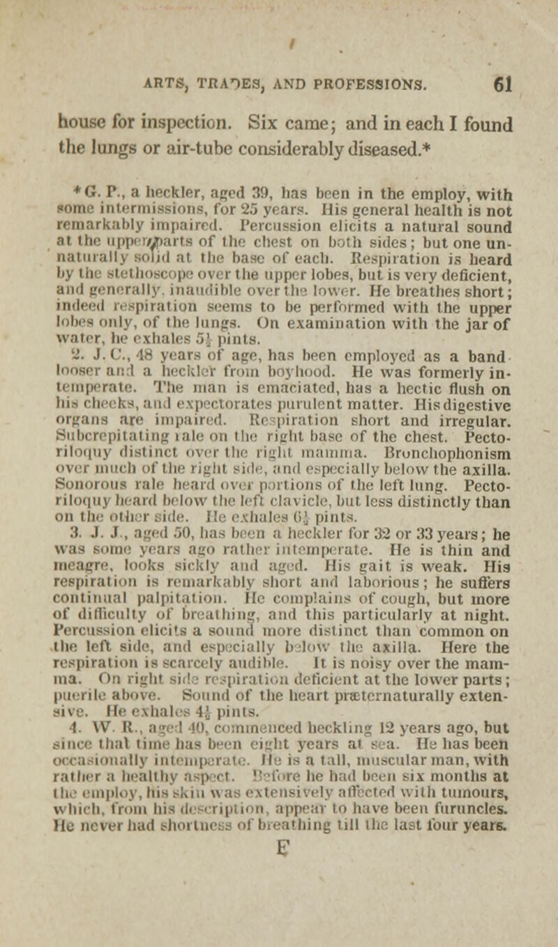 house for inspection. Six came; and in each I found the lungs or air-tube considerably diseased.* *G. P., a heckler, aged 39, 1ms been in the employ, with »orae intermissions, for 25 years. His general health is not remarkably impaired. Percussion elicits a natural sound at the uppeiyjparts of the chest on both sides; but one un- naturally solid at the base of each. Respiration is heard by the stethoscope over the upper lobes, but is veiy deficient, and generally inaudible over the lower. He breathes short; indeed respiration seems to be performed with the upper lobes only, of the lungs. <)n examination with the jar of water, he exhales SJ pints. 'J. J.C., 48 years of ago, has been employed as a band and a necklet from boyhood. He was formerly in- temperate. The man is emaciated, has a hectic flush on his clinks, and expectorates purulent matter. His digestive organs arc impaii non short and irregular. Bubcrepltating rale on the right base of the chest. Pecto- riloquy distinct over the riglll mamma, lirunchophonism over much of the right side, and especially below the axilla. S irons rale beard over portions of the left lung. Pecto- riloquy heard below the lefl clavicle, but less distinctly than .ni in. sttaer side. He exhales Bj pints. :). J. J., aged 50, ha ckler for 32 or 33 years; he was some years ago rather intemperate. He is thin and meagre, looks sickly and aged. His gait is weak. His respiration is remarkably short and laborious; he suffers continual palpitation. He complains of cough, but more of difficulty of In'?.u lung, and this particularly at night. Percussion elicits a sound more distinct than common on the left side, and especially bsloW the axilla. Here the respiration is scarcely audible. It is noisy over the mam- ma. On right sid ■ respiration deficient at the lower parts; puerile above. Bound of the heart prsternaturally exten- sive. He exhales I.; pints. I. \v it rmenced heckling 12 years ago, bat since thai time has i n eight years at sea. He has been tonally intemperate. He is a tall, muscular man, with rather a health) aspect. Before he had been six months at the employ, Ms skin Vi as extensively affected with tumours, which, from Ins d< cription, appear to have been furuncles. He never had shortness ol breathing till the last lour years.