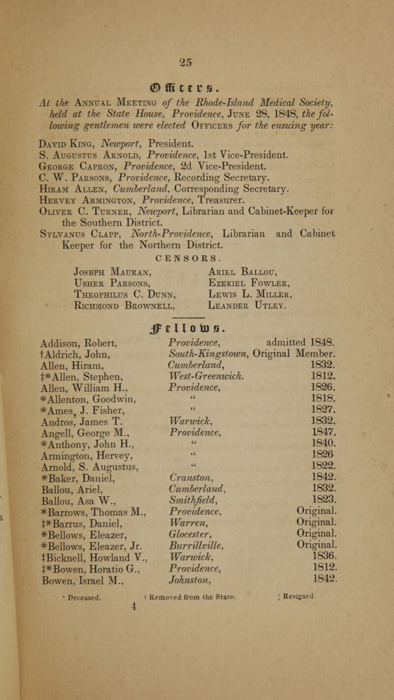 (Btiittt U. At the Annual Meeting of the Rhode-Island Medical Society, held at the State House, Providence, June 28, 1848, the fol- loicing gentlemen were elected Officers for the ensuing year: David King, Neivport, President. S. Augustus Arnold, Providence, 1st Vice-President. George Capron, Providence, 2d Vice-President. C. W. Parsons, Providence, Recording Secretary. Hiram Allen, Cumberland, Corresponding Secretary. Hervey Armington, Providence, Treasurer. Oliver C. Turner, Newport, Librarian and Cabinet-Keeper for the Southern District. Sylvanus Clapp, North-Providence, Librarian and Cabinet Keeper for the Northern District. CENSORS. josbph mauran, Usher Parsons, Theophilus C. I Richmond Brownell, JF Addison, Robert, tAldrich, John, Allen, Hiram, J*Allen, Stephen, Allen, William H., ^Allenton, Goodwin, *Ames, J. Fisher, Andros, James T. Angell, George M., * Anthony, John H., Armington, Hervey, Arnold, S. Augustus, * Baker, Daniel, Ballou, Ariel, Ballou, Asa W., ^Barrows, Thomas M., t^Barrus, Daniel, ^Bellows, Eleazer, ^Bellows, Eleazer, Jr. tBicknell, Howland V., t^Bowen, Horatio G., Bowen, Israel M., Deceased. Ariel Ballou, Ezekiel Fowler, in, Lewis L . Miller, L.L, LEANDER Utley. e 11 o to n. Providence, admitted 1848. South-Kingstown, Cumberland, Original Member. 1832. West-Greenwich. 1812. Providence, 1826. a 1818. u 1827. Warwick, 1832. Providence, 1847. 1840. 1826 1822. Cranston, 1842. Cumberland, 1832. Smithjield, Providence, Warren, Glocester, Burrillville, Warwick, 1823. Original. Original. Original. Original. 1836. Providence, 1812. Johnston, 1842. oved from the State. | Resigned.