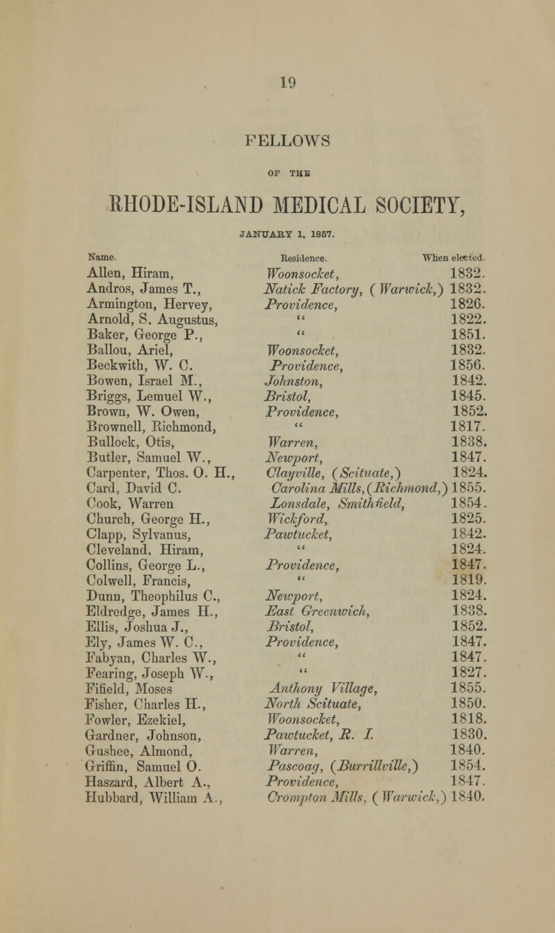 L'ELJLOWS OF THE RHODE-ISLAND MEDICAL SOCIETY, JANUARY 1, 1857. Name. Residence. When elected. Allen, Hiram, Wbonsocket, 1832. Andros, James T., Natick Factory, ( Waricick,) 1832. Armington, Hervey, Providence, 1826. Arnold, S. Augustus, (< 1822. Baker, George P., (< 1851. Ballou, Ariel, Woonsoclcet, 1832. Beekwith, W. C. Providence, 1856. Bowen, Israel M., Johnston, 1842. Briggs, Lemuel W., Bristol, 1845. Brown, W. Owen, Providence, 1852. Brownell, Bichmond, << 1817. Bullock, Otis, Warren, 1838. Butler, Samuel W., Newport, 1847. Carpenter, Thos. 0. H.. , Clayville, (Scituate,) 1824. Card, David C. Carolina Mills, {Richmond,') 1855. Cook, Warren Lonsdale, Smithfield, 1854. Church, George H., Wickford, 1825. Clapp, Sylvanus, Pawtucket, 1842. Cleveland, Hiram, a 1824. Collins, George L., Providence, 1847. Colwell, Francis, << 1819. Dunn, Theophilus C, Newport, 1824. Eldredge, James H., East Greenwich, 1838. Ellis, Joshua J., Bristol, 1852. Ely, James W. C, Providence, 1847. Fabyan, Charles W., cc 1847. Fearing, Joseph W., l< 1827. Fifield, Moses Anthony Village, 1855. Fisher, Charles H., North Scituate, 1850. Fowler, Ezekiel, Woonsocket, 1818. Gardner, Johnson, Pawtucket, R. I. 1830. Gushee, Almond, Warren, 1840. Griffin, Samuel 0. Pascoag, (Burrillvillc,) 1854. Haszard, Albert A., Providence, 1847. Hubbard, William A., Crompton Mills, ( Warwick,] ) 1840.