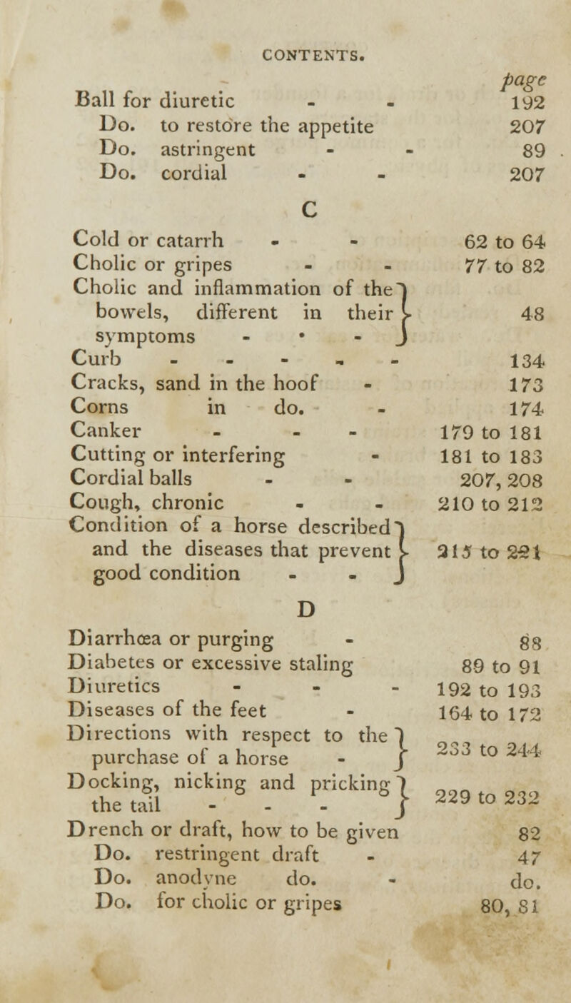 page Ball for diuretic - - 192 Do. to restore the appetite 207 Do. astringent - 89 Do. cordial - - 207 C Cold or catarrh - - 62 to 64 Cholic or gripes - - 77 to 82 Cholic and inflammation of the) bowels, different in their L 48 symptoms J Curb 134 Cracks, sand in the hoof - 173 Corns in do. - 174 Canker - - - 179 to 181 Cutting or interfering - 181 to 183 Cordial balls - - 207,208 Cough, chronic - - 210 to 212 Condition of a horse described) and the diseases that prevent i- 215 to 2-91 good condition - - J D Diarrhoea or purging - gg Diabetes or excessive staling 89 to 91 Diuretics - - - 192 to 193 Diseases of the feet - 164 to 172 Directions with respect to the) purchase of a horse - J- 2S3 to 244 D StaS niCl<-inS a.d P.rkkinS} 2« <° *W Drench or draft, how to be given 82 Do. restringent draft - 47 Do. anodyne do. - do. Do. for cholic or gripes 80, 81