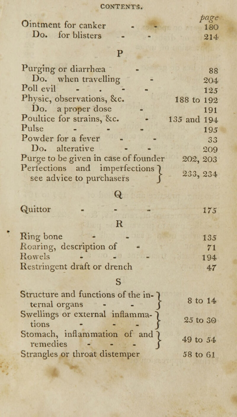 Ointment for canker page 180 Do. for blisters - 214 P Purging or diarrhoea . 88 Do. when travelling - 204 Poll evil . 125 Physic, observations, &c. 188 to 192 Do. a proper dose - 191 Poultice for strains, &c. - 135 and 194 Pulse . 195 Powder for a fever - 33 Do. alterative - 209 Purge to be given in case of founder 202, 203 Perfections and imperfections) see advice to purchasers 1 233, 234 Q Quittor - 175 R Ringbone - 135 Roaring, description of - 71 Rowels - 194 Restringent draft or drench 47 S Structure and functions of the in-1 ternal organs J Swellings or external inflamma- 5 tions - J Stomach, inflammation of and 1 . remedies - - - J Strangles or throat distemper 58 to 61 8 to 14 25 to 30