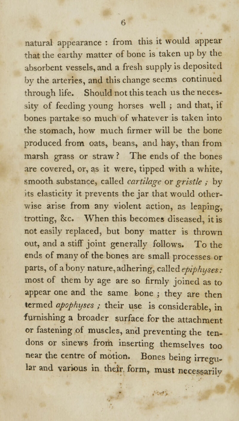 natural appearance : from this it would appear that the earthy matter of bone is taken up by the absorbent vessels, and a fresh supply is deposited by the arteries, and this change seems continued through life. Should not this teach us the neces- sity of feeding young horses well ; and that, if bones partake so much of whatever is taken into the stomach, how much firmer will be the bone produced from oats, beans, and hay, than from marsh grass or straw ? The ends of the bones are covered, or, as it were, tipped with a white, smooth substance, called cartilage or gristle ; by its elasticity it prevents the jar that would other- wise arise from any violent action, as leaping, trotting, &c. When this becomes diseased, it is not easily replaced, but bony matter is thrown out, and a stiff joint generally follows. To the ends of many of the bones are small processes or parts, of a bony nature, adhering, called epiphyses: most of them by age are so firmly joined as to appear one and the same bone ; they are then termed apophyses / their use is considerable, in furnishing a broader surface for the attachment or fastening of muscles, and preventing the ten- dons or sinews from inserting themselves too near the centre of motion. Bones being irregu- lar and various in their, form, must necessarilv