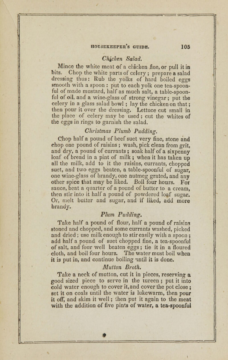 Chechen Salad. Mince the white meat of a chicken iine, or pull it in bits. Chop the white parts of celery ; prepare a salad dressing thus: Rub the yolks of hard boiled eggs smooth with a spoon : put to each yolk one tea-spoon- ful of made mustard, half as much salt, a table-spoon- ful of oil, and a wine-glass of strong vinegar; put the celery in a glass salad bowl ; lay the chicken on that; then pour it over the dressing. Lettuce cut small in the place of celery may be used : cut the whites of the eggs in rings to garnish the salad. Christmas Plumb Pudding. Chop half a pound of beef suet very fine, stone and chop one pound of raisins ; wash, pick clean from grit, and dry, a pound of currants; soak half of a sixpenny loaf of bread in a pint of milk ; when it has taken up all the milk, add to it the raisins, currants, chopped suet, and two eggs beaten, a table-spoonful of sugar, one wine-glass of brandy, one nutmeg grated, and any other spice that may be liked. Boil four hours. For sauce, beat a quarter of a pound of butter to a cream, then stir into it half a pound of powdered loaf sugar. Or, melt butter and sugar, and if liked, add more brandy. Plum Pudding, Take half a pound of flour, half a pound of raisins stoned and chopped, and some currants washed, picked and dried ; use milk enough to stir easily with a spoon ; add half a pound of suet chopped fine, a tea-spoonful of salt, and four well beaten eggs; tie it in a floured cloth, and boil four hours. The water must boil when it is put in, and continue boiling until it is done. Mutton Broth. Take a neck of mutton, cut it in pieces, reserving a good sized piece to serve in the tureen ; put it into cold water enough to cover it,and cover the pot close; set it on coals until the water is lukewarm, then pour it ofl*, and skim it well; »hen put it again to the meat with the addition of five pints of water, a tea-spoonful