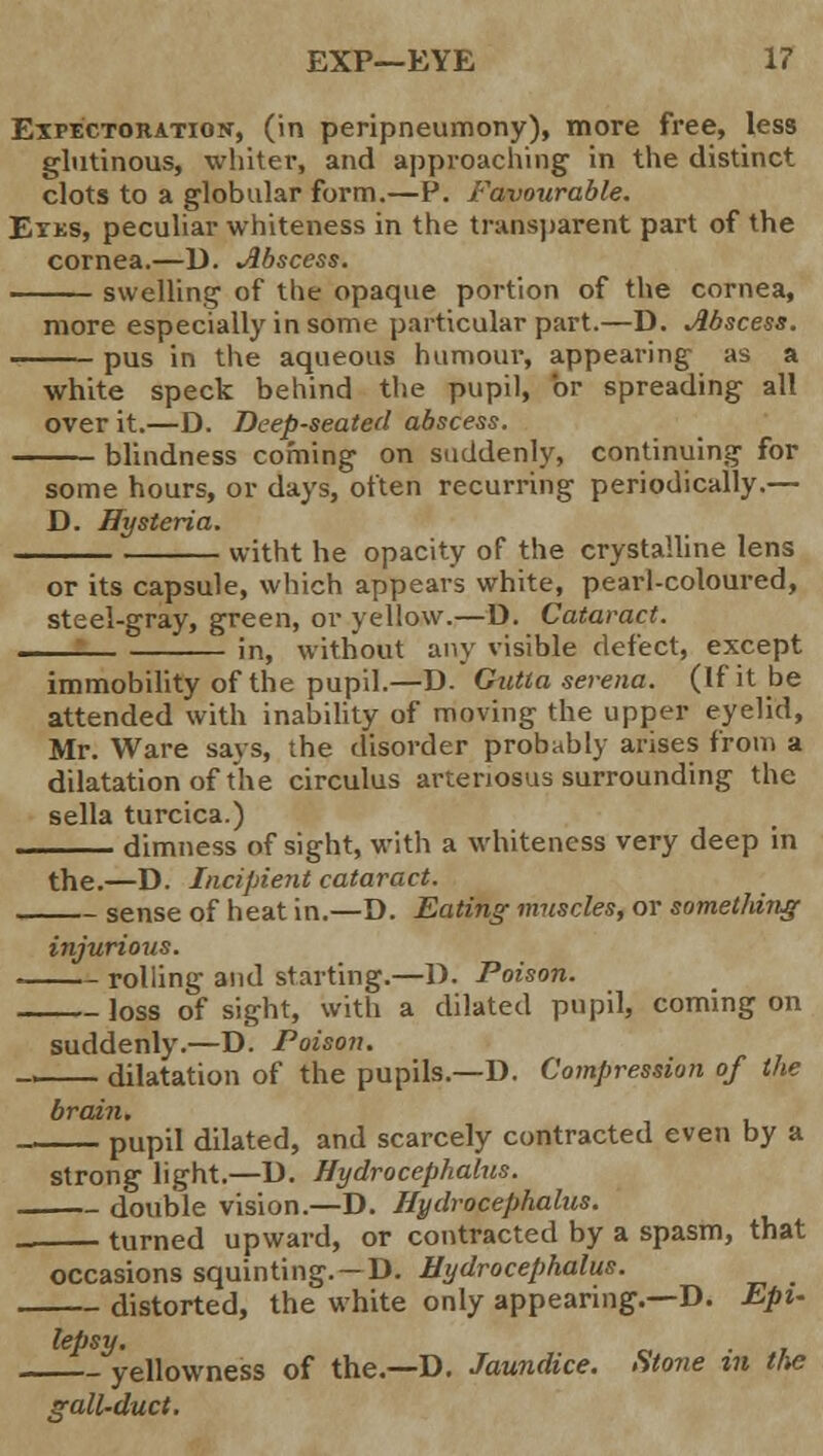 EXP—EYE 1? Expectoration, (in peripneumony), more free, less glutinous, whiter, and approaching' in the distinct clots to a globular form.—P. Favourable. Etks, peculiar whiteness in the transparent part of the cornea.—D. Abscess. swelling of the opaque portion of the cornea, more especially in some particular part.—D. Abscess. pus in the aqueous humour, appearing as a white speck behind the pupil, or spreading all over it.—D. Deep-seated abscess. ■ blindness coming on suddenly, continuing for some hours, or days, often recurring periodically.— D. Hysteria. ■ witht he opacity of the crystalline lens or its capsule, which appears white, pearl-coloured, steel-gray, green, or yellow.—D. Cataract. without any visible defect, except immobility of the pupil.—D. Gutla serena. (If it be attended with inability of moving the upper eyelid, Mr. Ware says, the disorder probably arises from a dilatation of the circulus arteriosus surrounding the sella turcica.) . dimness of sight, with a whiteness very deep in the.—D. Incipient cataract. sense of heat in.—D. Eating muscles, or something injurious. rolling and starting.—D. Poison. loss of sight, with a dilated pupil, coming on suddenly.—D. Poison. _. dilatation of the pupils.—D. Compression of the brain. pupil dilated, and scarcely contracted even by a strong light.—D. Hydrocephalus. double vision.—D. Hydrocephalus. turned upward, or contracted by a spasm, that occasions squinting. — D. Hydrocephalus. distorted, the white only appearing.—D. Epi- lepsy. yellowness of the.—D. Jaundice. Stone in the gall-duct.