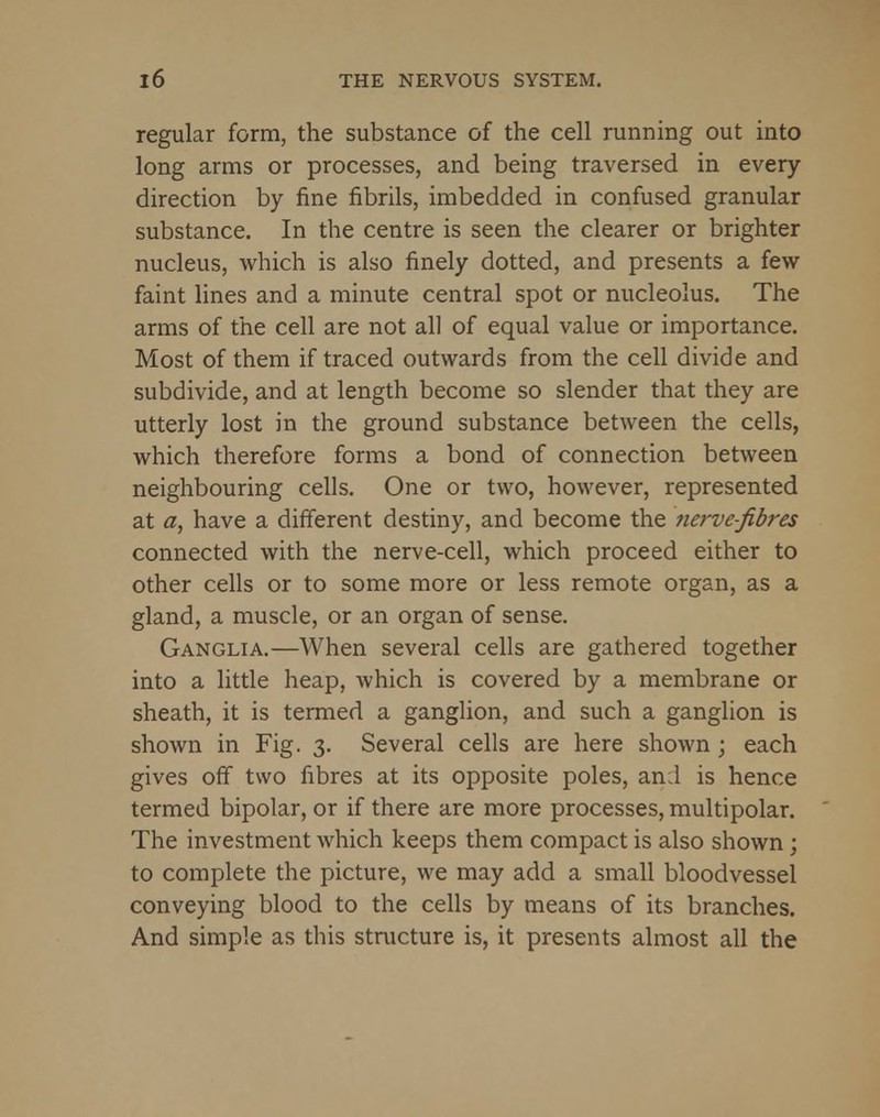 regular form, the substance of the cell running out into long arms or processes, and being traversed in every direction by fine fibrils, imbedded in confused granular substance. In the centre is seen the clearer or brighter nucleus, which is also finely dotted, and presents a few faint lines and a minute central spot or nucleolus. The arms of the cell are not all of equal value or importance. Most of them if traced outwards from the cell divide and subdivide, and at length become so slender that they are utterly lost in the ground substance between the cells, which therefore forms a bond of connection between neighbouring cells. One or two, however, represented at a, have a different destiny, and become the nerve-fibres connected with the nerve-cell, which proceed either to other cells or to some more or less remote organ, as a gland, a muscle, or an organ of sense. Ganglia.—When several cells are gathered together into a little heap, which is covered by a membrane or sheath, it is termed a ganglion, and such a ganglion is shown in Fig. 3. Several cells are here shown ; each gives off two fibres at its opposite poles, and is hence termed bipolar, or if there are more processes, multipolar. The investment which keeps them compact is also shown ; to complete the picture, we may add a small bloodvessel conveying blood to the cells by means of its branches. And simple as this structure is, it presents almost all the