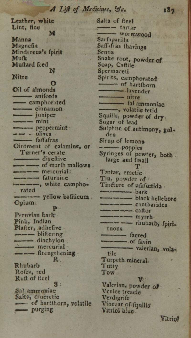 A L'tfl of Medicines, life. 187 Leather, white Lint, fine M Manna Magnefia Mimkreus's fpirit Muik Muftard ked N Nitre O Oil of almonds ■ anifeeds ■ camphorated ■ cinnamon » juniper ■ ■- — mint ■' •- ■ peppermint — — - oHtcs ■ fafiafras Ointment of calamine, or Turner's cerate ■ ■ diueftive — —— of marfh mallows ———— mercurial — ——— faturniiie ————, white campho* rated __.-___ yellow bafilicum Opium P Peruvian bark Pink, Indian Platter, adhefive —-—• bliftenng ——— diachylon ■ mercurial —-— fttcngthening R Rhubarb Rofes, red Ruft of lleel S Sal ammoniac Salts, dtueretio —— of hai tfhorn, volatile —— purging Salts of fteel — tartar woi mwood Saiftparilla SaflTif as rtia»ing8 Senna Snake root, powder of Soap, Caftilc Spermaceti Spirits, camphorated • of hartfhorn livendcr — nitre  — fal ammoniac , rolatilc fetid Squills, powder of dry Sugar of lead Sulphur of antimony, gol« den Sirup of lemons poppies Syringes of pewter, both large and fmail T Tartar, emetic Tin, powder of Tinclure of afafcetida ——' black hellebore • ■ canthaiides —— -— caitor — rhubaib, fpiri- tnous —— facred —— of favin ■ — valerian, vola- tile Turpeth mineral Tutty Tow V Valerian, powder of Venice treacle Verdigrife Vinegar of fqu-lls Vitriol blue Vitriol