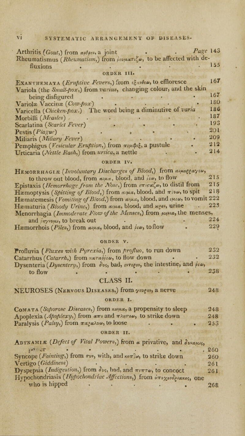 Arthritis (GoM^) from fic/j^^av, a joint . • Pa.f.'-c 143 Rheumatismus (Rheumatism,) from pev,u.uTi^ti,, to be affected with de- fluxions . . • • .155 ORDER III. Exanthemata {Eru/Hive Fevers,) fiom £|'.v^t*, to eflloresce 167 Variola (the Small-fiox,) from varius, changing colour, and the skin being disfigured . • • .167 Variolse Vaccina (Co7y-/wx) . • • .ISO Varicella {Chicken-pox.) The word being a diminutive oivaria 186 Morbilli (M-as/fs) . . . • ' ^^I Scarlatina (&ar/c//^cwr) . • • • ^93 Vtsixs {Plague) . . , . .201 Miliaris {Miliary Fever) . . • • -^0^ Pemphigus (rmcM/ariirw/i//ow,) from 7r£;i<:/><|, a pustule . 212 Urticaria (A'<?/r/e i^asA,) from ?<r/iaz, ii nettle . .214 OKDEK IV. Hemorrhagic {Involuntary Discharges of Blood,) from ui^^^xysu^ to throw out blood, from ci/a-x, blood, and ftu, to flow 215 Epistaxis {Hemorrhage from the N'ose^ from iTn.'^ai.tu, to distil from 2 15 Hzemoptysis {Sfiitiing of Blood,) from cui^*, blood, and -Trivu, to spit 218 Hacmatemesis (Vomiting of Blood,) from es'^a, blood, and ly^iu, to vomit 222 Haematuria {Bloody Urine,) from oii/A-x, blood, and k^ov, urine . 223 Menorrhagia {Immoderate Flow of the Menses,) from ftijvfa, the menses, and 1/iyvviA.t, to break out . • • 224 Hsmorrhois(P//es,) from «/,«-«, blood, and/i'e6), to flow . 229 ORDER V. Profluvia {Fluxes ivith Pyrexia,) from profluo, to run down 232 Catarrhus {Catarrh,) from ■.'.ocraifeQ), to How down . • 232 Dysenteria {Dysentery,) from ^v<;, bad, evre^ov, the intestine, and (nu-, to flow . • • • • 238 CLASS II. NEUROSES (Nkrvous Diseasks,) from yev^av, a nerve 248 ORDER I. CoMATA {So/iorose Diseases,) from kmi^x, a propensity to sleep 248 Apoplexia {yJ/io/ilexy,) from xtco and 7r?,i]c-ob), to strike down 248 Paralysis (i^a/sj/,) from 5r5s^«Ay<i), to loose . , , 253 ORDER II. Adynamije {Defect of Vital Powers,) from « privative, and ^waf^ii, {* cr . . • . . . 26Q Syncope {Fainting,) from o-w, with, and kottIu), to strike down 260 Vertigo (Gz(/f//;26's.s) . . . . 261 Dyspepsia {Indigestion,) from ^v<;, bad, and TmrTej, to concoct 261 Hypochondriasis {Hypochondriac Affections,) from J5ra;^Jov<J'^<«x()?, one who is hipped ... . . 268