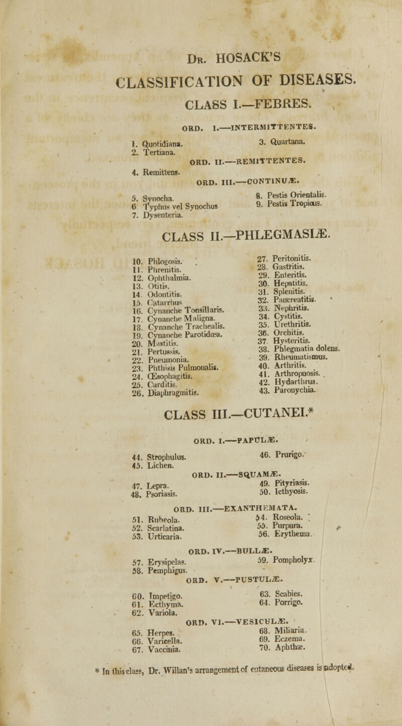 Dr. HOSACK'S CLASSIFICATION OF DISEASES. CLASS I.—FEBRES. ORD. I.—INTERMITTENTES. 1. Quotidians. 3. Quartana. 2. Tertiana. ORD. II.—REMITTENTES. 4. Remittens. ORD. III.—CONTINUE. 5 Svnocha 8- Pe9tis Orientalis. 6' typhus vel Synochus 9- Pestis Tropicus. 7. Dysenteria. CLASS II.—PHLEGMASIA. 10. Fhlogosis. 27. Peritonitis. 11. Phrenitis. 28. Gastritis. 12. Ophthalmia. 29. Enteritis. 13. Otitis. 30- Hepatitis. 14. Odontitis. 31. Splenitis 15. Oatarrhus 32. Pancreatitis. 16. Cynanche Tonsillaris. 33. Nephritis. 17. Cynanche Maligna. 34. Cystitis. 18 Cynanche Trachealis. 35. Urethritis. 19. Cynanche Parotidcea. 36. Orchitis. 20. Mastitis. 37. Hystentis. 21. Pertussis. 38. Phlegraatia dolens. 22. Pneumonia. 39. Rheuniatismus. 23 Phthisis Pulmonalis. 40. Arthritis. 24. CEsophagitis. 41. Arthropuosis. . 25. Carditis 42. Hydarthrus. 26. Diaphragmitis. 43. Paronychia. CLASS III.—CUTANEI* ORD. I. PAPULAE. 44. Strophulus. 46. Prurigo. 45. Lichen. ORD. II. S<*UAMjE. 47. Lepra. 49. Pityriasis. 48. Psoriasis. 50. lcthyosis. ORD. III.—EXANTHEMATA. 51. Rubeola. *4 Roseola. ; 52. Scarlatina. 55. Purpura. , 53. Urticaria. 56. Erythema. ORD. IV.—BULL.E. 57. Erysipelas. 59. Pompholyx. 58. Pemphigus. ORD. V. PUSTULE. 60. Impetigo. 63. Scabies. 61. Ecthyma. 64. Porngo. 62. Variola. ORD. VI.—VESICULiE. 65. Herpes. 68. Miliaria. 66. Varicella. 69. Eczema. 67. Vaccinia. '0- Aphtha?. * In this class, Dr. Willan's arrangement of cutaneous diseases is adopted.