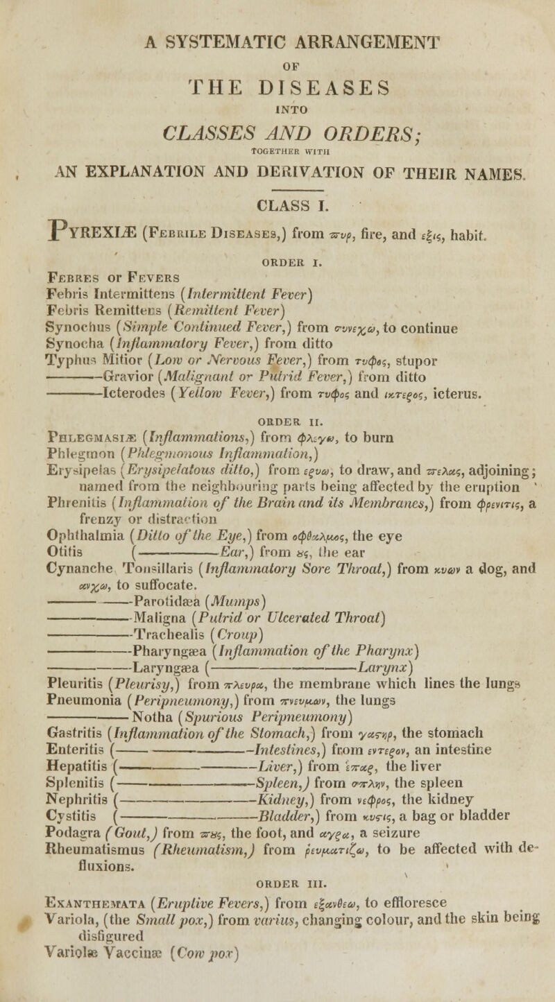 A SYSTEMATIC ARRANGEMENT OF THE DISEASES INTO CLASSES AND ORDERS; TOGETHER WITH AN EXPLANATION AND DERIVATION OF THEIR NAMES. CLASS I. _PyREXLE (Febrile Diseases,) from ■srvp, fire, and e|<«, habit. ORDER I. Febres or Fevers Pebris Intermittens [Intermittent Fever) Febris Remittees (Remittent Fever) Synochus (Simple Continued Fever,) from crwe%<i>, to continue Synoeha (Inflammatory Fever,) from ditto Typhus Mitior (Low or Nervous Fever,) from tv<Q«s, stupor Gravior (Malignant o*- Putrid Fever,) from ditto Icterodes (Yellow Fever,) from tv<$os and ix.re^, icterus. ORDER II. Phlegmasia (Inflammations,) from tpx-.yu, to burn Phlegmon (Phlegmonous Inflammation,) Erysipelas (Erysipelatous ditto,) from t^va, to draw, and -zreXxi, adjoining; named from the neighbouring parts being affected by the eruption ' Phrenitis (Inflammation of the Brain and its Membranes,) from <ppevirts, a frenzy or distraction Ophthalmia (Ditto of the Eye,) from ^HXfu><i, the eye Otitis ( Ear,) from *s, the ear Cynanche Tonsillaris (Inflammatory Sore Throat,) from icvav a dog, and ccv^co, to suffocate. ■ Parotidaea (Mumps) Maligna (Putrid or Ulcerated Throat) Trachealis (Croup) Pharyngsea (Inflammation of the Pharynx) —■ Laryngaea ( Larynx) Pleuritis (Pleurisy,) from 7rXtvpot,, the membrane which lines the lungs Pneumonia (Peripneumony,) from 7cnv^uv, the lungs Notha (Spurious Peripneumony) Gastritis (Inflammation of the Stomach,) from yccrr,p, the stomach Enteritis ( Intestines,) from tvregov, an intestine Hepatitis (—— Liver,) from W«£, the liver Splenitis ( ■■ Spleen,J from <7ta»jv, the spleen Nephritis ( Kidney,) from vcQpos, the kidney Cystitis ( Bladder,) from kvs-h;, a bag or bladder Podagra (Gout,) from sna, the foot, and «y^«, a seizure Rheumatismus (Rheumatism,) from pevpuri^a, to be affected with de- fluxions. ORDER III. Exanthemata (Eruptive Fevers,) from tfywQia, to effloresce Variola, (the Small pox,) from varim, changing colour, and the skin being disfigured Variolas Vaccina? (Cow pox)