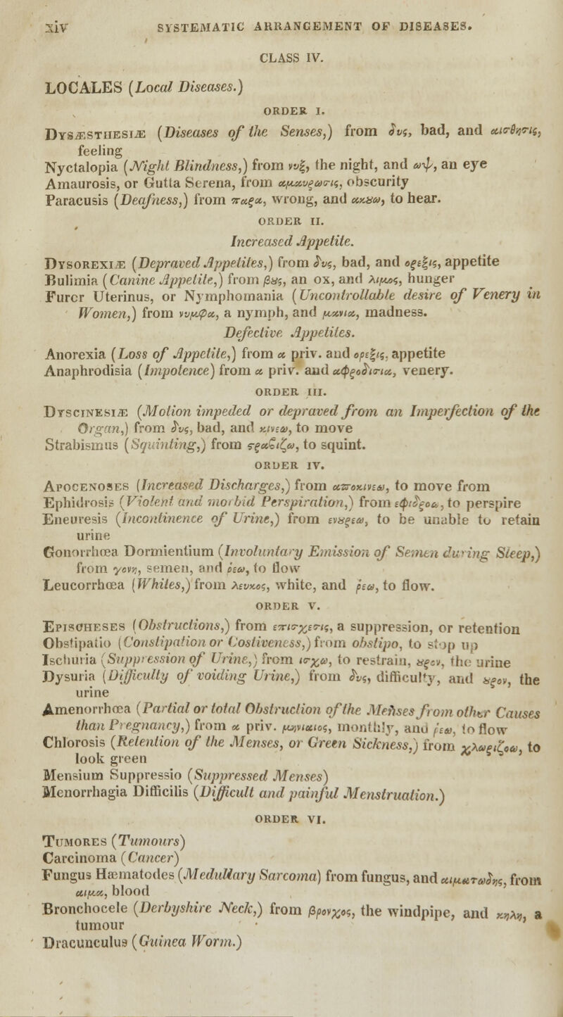 CLASS IV. LOCALES (Local Diseases.) ORDER. I. Dysesthesia (Diseases of the Senses,) from ivs, bad, and *»**««, feeling Nyctalopia (Night Blindness,) from vt»f, the night, and u-^, an eye Amaurosis, or Gutta Serena, from ttfumgwit, obscurity Paracusis (Deafness,) from o-«f«, wrong, and anna, to hear. order a. Increased Appetite. Dysorexi;e (Depraved Appetites,) from ^5, bad, and ef£|<s, appetite Bulimia (Canine Appetite,) from (2m, an ox, and Xw,, hunger Furcr Uterinus, or Nymphomania (Uncontrollable desire of Venery in Women,) from vv/vpx, a nymph, and {mtu., madness. Defective. Appetites. Anorexia (Loss of Appetite,) from <*. priv. and e/>£f<«; appetite Anaphrodisia (Impotence) from <* priv. and ccQgohe-iu, venery. ORDER III. Dtscinesije (Motion impeded or depraved from an Imperfection of the Organ,) from <JV$, bad, and y,ivia>, to move Strabismus (Squinting,) from «-£«£<£&>, to squint. ORDER IV. Apocenoses (Increased Discharges,) from azre>y.tn<i), to move from Ephidrosi? (Violent and mot bid Perspiration,) (rome^>i^o&,, to perspire Eneuresis (incontinence of Urine,) from aa^ta, to be unable to retain urine Gonorrhoea Dormientium (Involuntary Emission of Semtn duying Sleep,) from yon, semen, and hiu, to flow Leucorrhoea (Whites,) from Xtw^, white, and pea,io flow. order v. Episoheses (Obstructions,) from nruryjm<i, a suppression, or retention Obstipatio [Constipationor Costiveness,) irom obstipo, to stop up Ischuria (Suppression of Urine,) from to-yu, to restrain, xgcv, the urine Dysuria [Difficulty of voiding Urine,) from &«, difficulty, and ^0y, the urine Amenorrhoea (Partial or total Obstruction of the Metises from other Causes than Pregnancy,) from u. priv. i^nutoi, monthly, and /««, Inflow Chlorosis (Retention of the Menses, or Green Sickness,) from y\ae&a to look green * 5 * ' Mensium Suppressio (Suppressed Menses) Menorrhagia Dithcilis (Difficult and painful Menstruation.) ORDER VI. Tumores (Tumours) Carcinoma (Cancer) Fungus Haematodes (Medullary Sarcoma) from fungus, and »ifutretiW} from city.*, blood Bronchocele (Derbyshire Neck,) from fipo*Xos} the windpipe, and «,*„. a tumour Dracunculus (Guinea Worm.)