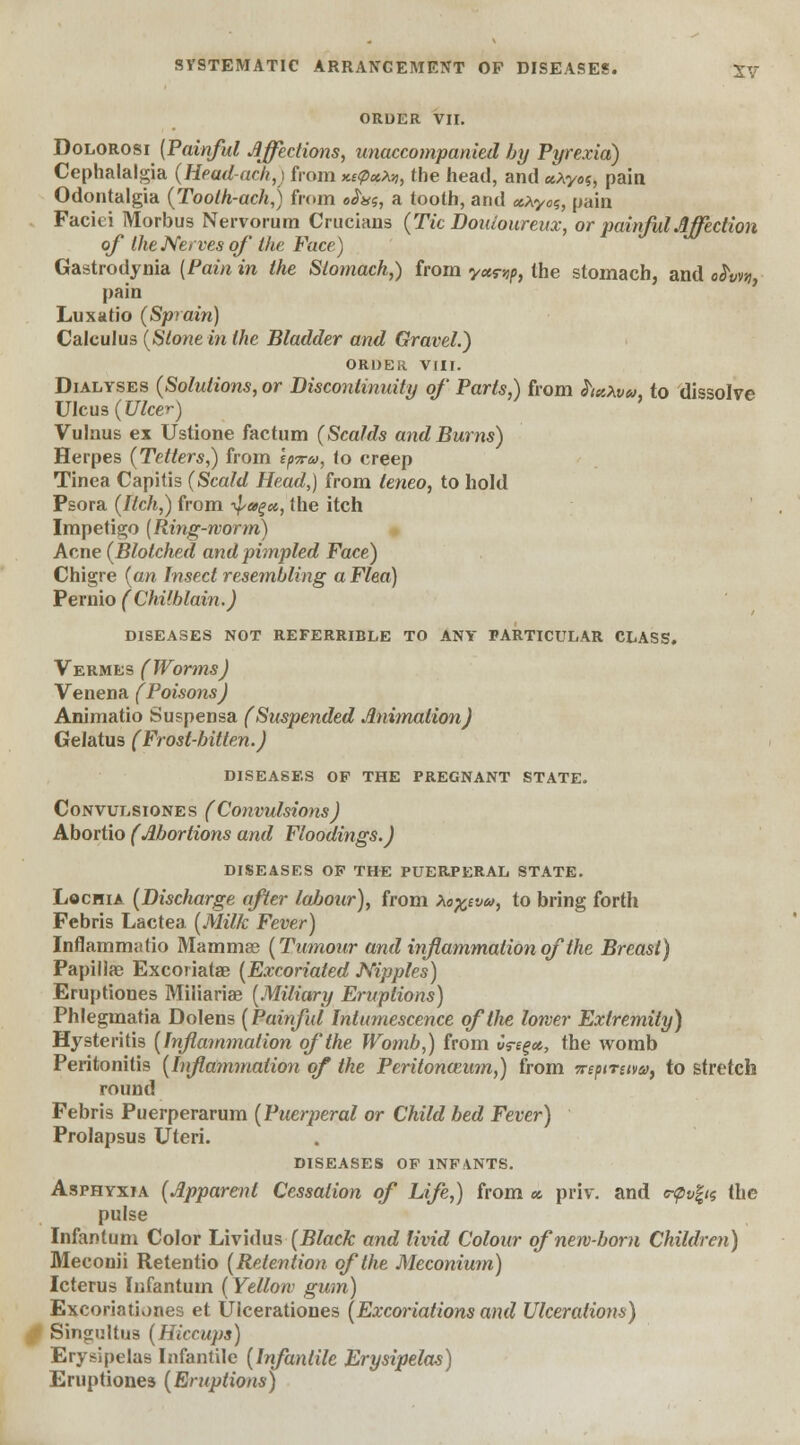 ORDER VII. Dolorosi (Painful Affections, unaccompanied by Pyrexia) Cephalalgia (Head-ack,) from x.i<px?w, the head, and uXyos, pain Odontalgia (Tooth-ach,) from «J*s, a tooth, and aXycc,, pain Faciei Morbus Nervorum Crucians (Tic Douloureux, or painful Affection of the Nerves of the Face) Gastrodynia [Pain in the Stomach,) from y«np, the stomach, and ofvn, pain Luxatio (Sprain) Calculus (Stone in the Bladder and Gravel.) ORDER VIII. Dialyses (Solutions, or Discontinuity of Parts,) from huXvu, to dissolve Ulcus (Ulcer) Vulnus ex Ustione factum (Scalds and Burns) Herpes (Tetters,) from ipnw, to creep Tinea Capitis (Scald Head,) from leneo, to hold Psora (Itch,) from ■^ce^u, the itch Impetigo (Ring-worm) Acne (Blotched and pimpled Face) Chigre (an Insect resembling a Flea) Pernio (Chilblain.) DISEASES NOT REFERRIBLE TO ANY PARTICULAR CLASS. Vermes (Worms) Venena (Poisons) Animatio Suspensa (Suspended Animation) Gelatus (Frost-bitten.) DISEASES OF THE PREGNANT STATE. Convulsiones (Convulsions) Abortio (Abortions and Floodings.) DISEASES OF THE PUERPERAL STATE. Lochia (Discharge after labour), from Xoftvja, to bring forth Febris Lactea (Milk Fever) Inflammatio Mammae (Tumour and inflammation of the Breast) Papillae Excoriates (Excoriated Nipples) Eruptiones Miliaria? (Miliary Eruptions) Phlegmatia Dolens (Painful Intumescence of the lower Extremity) Hysteritis (Inflammation of the Womb,) from ure^a, the womb Peritonitis (Inflammation of the Peritonaeum,) from ^spireim, to stretch round Febris Puerperarum (Puerperal or Child bed Fever) Prolapsus Uteri. DISEASES OF INFANTS. Asphyxia (Apparmt Cessation of Life,) from « priv. and «^£<s the pulse Infantum Color Lividus (Black and livid Colour of newborn Children) Meconii Retentio (Retention of the Meconium) Icterus Infantum (Yellow gum) Excoriationes et Ulcerationes (Excoriations and Ulcerations) Singultus (Hiccups) Erysipelas Infantile (Infantile Erysipelas) Eruptiones (Eruptions)