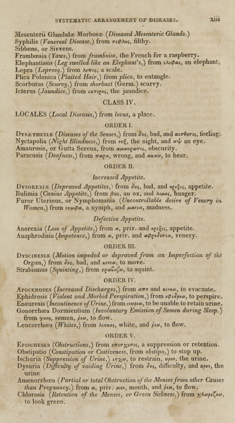 Mesenterii Glandulae Morbosce (Diseased Mesenteric Glands.} Syphilis (Venereal Disease,) from <n£>Aos, filthy. Sibbens, or Sivvens. Framboesia (Yaws,) from framboise, the French for a raspberry. Elephantiasis (Leg swelled like an Elephant's,) from eXe<px<;, an elephant* Lepra (Leprosy.) from Aew«s, a scale. Plica Polonica (Plaited Hair,) from plico, to entangle. Scorbutus (Scurvy,) from shorbact (Germ.) scurvy. Icterus (Jaundice,) from ekt^os, the jaundice. CLASS IV. LOCALES (Local Diseases,} from locus, a plaee. ORDER I. Dysjethesi-e (Diseases of the Senses,) from S'vt, bad, and ttio-fao-ii;, feeling. Nyctapolia (Night Blindness,) from »w|, the night, and «^ an eye. Amaurosis, or Gutta Serena, from xftavgao-is, obscurity. Paracusis (Deafness,) from wes^a, wrong, and »Kaa, to hear. ORDER II. Increased Appetite. Dysorexije (Depraved Appetites,^ from S'vg, bad, and «ff£<s, appetite. Bulimia (Canine Appetite,) from /3«s, an ox, and A«fte«, hunger. Furor Uterinus, or Nymphomania (Uncontrollable desire of Venery in Women,) from vv/u.<ptt, a nymph, and t&ccvtx, madness. Defective Appetite. Anorexia (Loss of Appetite,) from «, priv. and «fef<s, appetite. Anaphrodisia (Impotence,) from u, priv. and ct<p%oh<rtcc, venery. ORDER III. DvsciNESiiE (Motion impeded or depraved from an Imperfection of the Organ,) from £v$, bad, and Kivea, to move. Strabismus (Squinting,) from ?%a,Qi£a, to squint. ORDER IV. Apocenoses (Increased Discharges,) from oltco and xevea, to evacuate. Ephidrosis (Violent and Morbid Perspiration,) from t<pttyoa, to perspire. Eneuresis (Incontinence of Urine,) from aapea, to be unable to retain urine. Gonorrhoea Dormientium (Involuntary Emission of Semen during Sleep.) from yon, semen, pea, to flow. Leucorrhcea (Whiles,) from Aenxas, white, and pea, to flow. ORDER V. Epischeses (Obstructions,) from em<r%e<rts, a suppression or retention. Obstipatio (Constipation or Costiveness, from obstipo,) to stop up. Ischuria (Suppression of Urine,) to-%a, to restrain, apoi, the urine. Dysuria (Difficulty of voiding Urine,) from <5V«, difficulty, and «/>ov, the urine Amenorrhcea (Partial or total Obstruction of the Menses from other Causes than Pregnancy,) from a, priv. /k.j?v, month, and pea, to flow. Chlorosis (Retention of the Menses, or Green Sickness,) from %>.upi£<>a^ to look green.