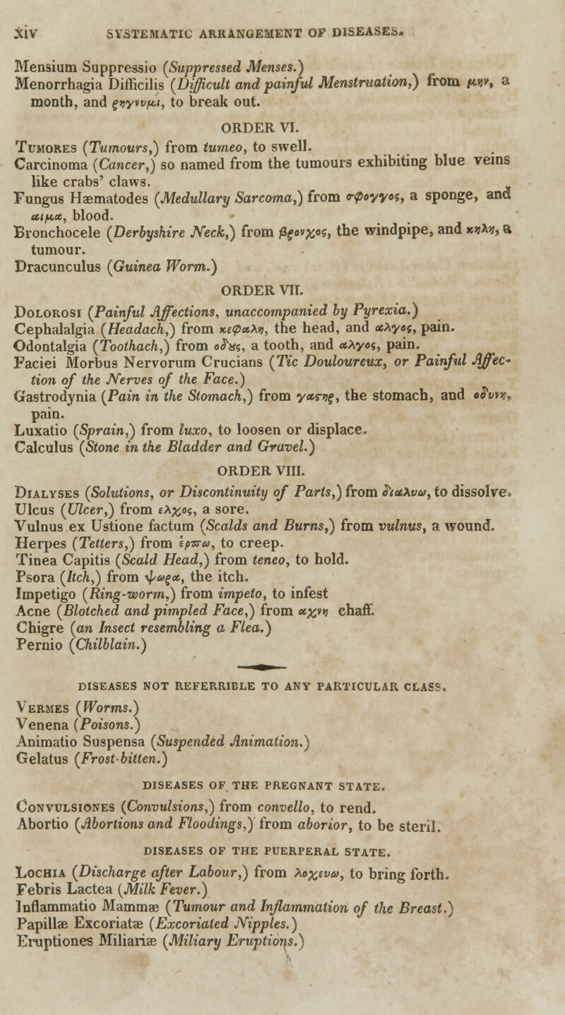 Mensium Suppressio (Suppressed Menses.) Menorrhagia Difficilis (Difficult and painful Menstruation,) from /**>, a month, and gwvvpt, to break out. ORDER VI. Tumores (Tumours,) from tumeo, to swell. Carcinoma (Cancer,) so named from the tumours exhibiting blue veins like crabs' claws. Fungus Hasmatodes (Medullary Sarcoma,) from <r<poyyo<i, a sponge, and atfi.it, blood. Bronchocele (Derbyshire Neck,) from ftovws, the windpipe, and kjjA*, a tumour. Dracunculus (Guinea Worm.) ORDER VII. Dolorosi (Painful Affections, unaccompanied by Pyrexia.) Cephalalgia (Headach,) from xep*Xv, the head, and *\yo<i, pain. Odontalgia (Toothach,) from oS'm, a tooth, and «Ayo«, pain. Faciei Morbus Nervorum Crucians (Tic Douloureux, or Painful Affec* tion of the Nerves of the Face.) Gastrodynia (Pain in the Stomach,) from y«w«g, the stomach, and oJW, pain. Luxatio (Sprain,) from luxo, to loosen or displace. Calculus (Stone in the Bladder and Gravel.) ORDER VIII. Dialyses (Solutions, or Discontinuity of Parts,) from hctXvu, to dissolve* Ulcus (Ulcer,) from eA%«s, a sore. Vulnus ex Ustione factum (Scalds and Burns,) from vulnus, a wound. Herpes (Tetters,) from \pzru, to creep. Tinea Capitis (Scald Head,) from teneo, to hold. Psora (Itch,) from i^^x, the itch. Impetigo (Ring-worm,) from impeto, to infest Acne (Blotched and pimpled Face,) from «#v»j chaff. Chigre (an Insect resembling a Flea.) Pernio (Chilblain.) DISEASES NOT REFERRIBLE TO ANV PARTICULAR CLASS. Vermes (Worms.) Venena (Poisons.) Animatio Suspensa (Suspended Animation.) Gelatus (Frostbitten.) DISEASES OF THE PREGNANT STATE. Convulsiones (Convulsions,) from convello, to rend. Abortio (Abortions and Floodings,) from aborior, to be steril. DISEASES OF THE PUERPERAL STATE. Lochia (Discharge after Labour,) from Xo%eva, to bring forth. Febris Lactea (Milk Fever.) Inflammatio Mammae (Tumour and Inflammation of the Breast.) Papillae Excoriatae (Excoriated Nipples.) Eruptiones Miliarias (Miliary Eruptions.)