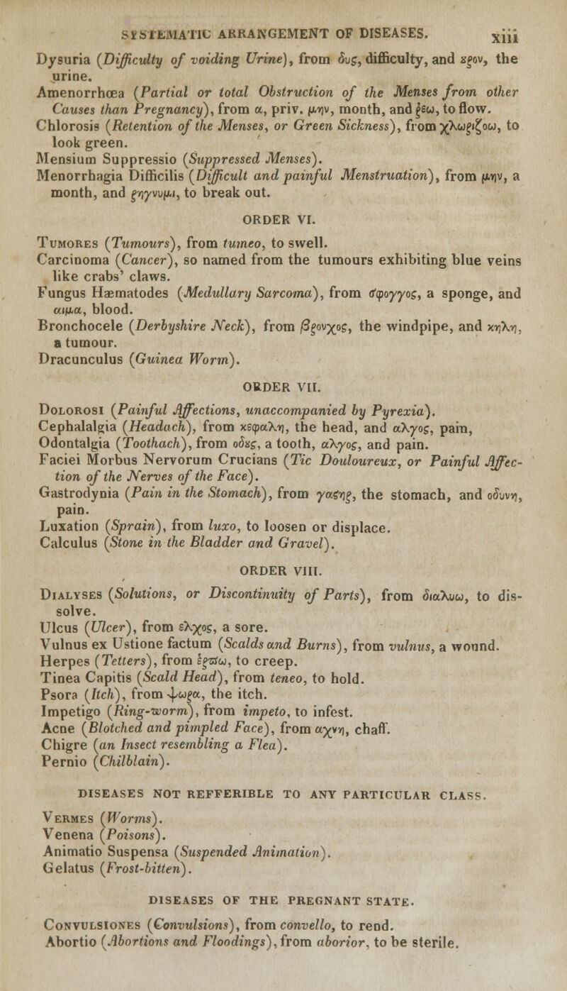 Dysuria (Difficulty of voiding Urine), from 8vs, difficulty, and s£ov, the urine. Amenorrhoea (Partial or total Obstruction of the Menses from other Causes than Pregnancy), from a, priv. fjwjv, month, and £ew, to flow. Chlorosis (Retention of the Menses, or Green Sickness), from yXugifyu, to look green. Mensium Suppressio (Suppressed Menses). Menorrhagia Difficilis (Difficult and painful Menstruation), from f**|v, a month, and ^yvuf/u, to break out. ORDER VI. Tumores (Tumours), from tumeo, to swell. Carcinoma (Cancer), so named from the tumours exhibiting blue veins like crabs' claws. Fungus Haematodes (Medullary Sarcoma), from tftpoyyos, a sponge, and atixa, blood. Bronchocele (Derbyshire Neck), from figovxpg, the windpipe, and x^X^, a tumour. Dracunculus (Guinea Worm). ORDER VII. Dolorosi (Painful Affections, unaccompanied by Pyrexia). Cephalalgia (Headach), from xs(paKr\, the head, and aKyog, pain, Odontalgia (Toothach), from odag, a tooth, akyog, and pain. Faciei Morbus Nervorum Crucians (Tic Douloureux, or Painful Affec- tion of the Nerves of the Face). Gastrodynia (Pain in the Stomach), from yag^, the stomach, and o5uv*), pain. Luxation (Sprain), from luxo, to loosen or displace. Calculus (Stone hi the Bladder and Gravel). ORDER VIII. Dialyses (Solutions, or Discontinuity of Parts), from Siukju, to dis- solve. Ulcus (Ulcer), from sX^os, a sore. Vulnus ex Ustione factum (Scalds and Burns), from vulnus, a wound. Herpes (Tetters), from kgssu, to creep. Tinea Capitis (Scald Head), from teneo, to hold. Psora (Itch), from ^w^a, the itch. Impetigo (Ring-worm), from impeto, to infest. Acne (Blotched and pimpled Face), from a^vr], chaff. Chigre (an Insect resembling a Flea). Pernio (Chilblain). DISEASES NOT REFFERIBLE TO ANY PARTICULAR CLASS. Vermes (Worms). Venena (Poisons). Animatio Suspensa (Suspended Animation). Gelatus (Frost-bitten). DISEASES OF THE PREGNANT STATE. Convulsiones (Convulsions), from convello, to rend. Abortio (Abortions and Floodings), from aborior, to be sterile.