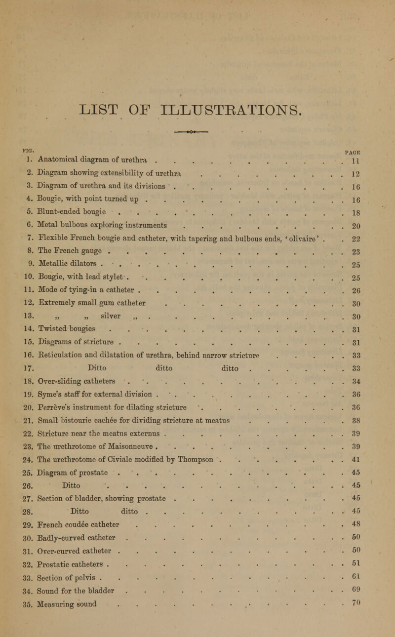 LIST OF ILLUSTRATIONS. FIG* PAGE 1. Anatomical diagram of urethra 11 2. Diagram showing extensibility of urethra 12 3. Diagram of urethra and its divisions 1G 4. Bougie, with point turned up 16 5. Blunt-ended bougie . . . . .18 6. Metal bulbous exploring instruments 20 7. Flexible French bougie and catheter, with tapering and bulbous ends, ' olivaire' . . 22 8. The French gauge 23 9. Metallic dilators . • . . • . ■ 25 10. Bougie, with lead stylet-. ■ 25 11. Mode of tying-in a catheter 26 12. Extremely small gum catheter 30 13. „ „ silver „ 30 14. Twisted bougies . 31 15. Diagrams of stricture 31 16. Beticulation and dilatation of urethra, behind narrow stricture 33 17. Ditto ditto ditto 33 18. Over-sliding catheters 34 19. Syme's staff for external division . ' . . . . . . . . . .36 20. Perreve's instrument for dilating stricture . . . 36 21. Small bistourie cachee for dividing stricture at meatus 38 22. Stricture near the meatus externus 39 23. The urethrotome of Maisonneuve 39 24. The urethrotome of Civiale modified by Thompson . 41 25. Diagram of prostate 45 26. Ditto •. ... . . . .'. . . . 45 27. Section of bladder, showing prostate 45 28. Ditto ditto 45 29. French coudee catheter 48 30. Badly-curved catheter 50 31. Over-curved catheter 50 32. Prostatic catheters 51 33. Section of pelvis 61 34. Sound for the bladder 69 35. Measuring sound , 70