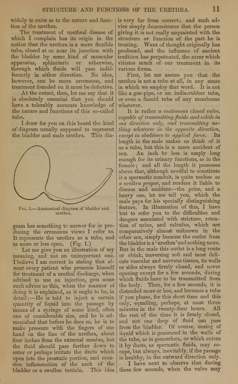 widely to exist as to the nature and func- tion of the urethra. The treatment of urethral disease of which I complain has its origin in the notion that the urethra is a mere flexible tube, closed at or near its junction with the bladder by some kind of muscular apparatus, sphincteric or otherwise, through which fluids will pass indif- ferently in either direction. No idea, however, can be more erroneous, and treatment founded on it must be defective. At the outset, then, let me say that it is absolutely essential that you should have a tolerably accurate knowledge of the nature and functions of this so-called tube. I draw for you on this board the kind of diagram usually supposed to represent the bladder and male urethra. This dia- Fig. 1.—Anatomical diagram of bladder and urethra. gram has something tc answer for in pro- ducing the erroneous views I refer to. It represents the urethra as a tube, and as more or less open. (Fig. 1.) Let me give you an illustration of my meaning, and not an unimportant one. I believe I am correct in stating that al- most every patient who presents himself for treatment of a urethal discharge, when advised to use an injection, gets some such advice as this, when the manner of doing it is explained, as it ought to be, in detail:—He is told to inject a certain quantity of liquid into the passage by means of a syringe of some kind, often one of considerable size, and he is ad- monished that before he does so, he is to make pressure with the fingers of one hand on the line of the urethra, about four inches from the external meatus, lest the fluid should pass further down to enter or perhaps irritate the ducts which open into the prostatic portion, and occa- sion inflammation of the neck of the bladder or a swollen testicle. This idea is very far from correct; and such ad- vice simply demonstrates that the person giving it is not really acquainted with the structure or function of the part he is treating. Want of thought originally has produced, and the influence of ancient tradition has perpetuated, the error which vitiates much of our treatment in its various forms. First, let me assure you that the urethra is not a tube at all, in any sense in which we employ that word. It is not like a gas-pipe, or an india-rubber tube, or even a flaccid tube of any membrane whatever. It is rather a continuous closed valve, capable of transmitting fluids and solids in one direction only, and transmitting no- thing whatever in the opposite direction, except in obedience to applied force. Its length in the male makes us think of it as a tube, but this is a mere accident of sex. An inch *or less is amply long enough for its urinary functions, as in the female ; and all the length it possesses above that, although needful to constitute it a spermatic conduit, is quite useless as a urethra proper, and renders it liable to disease and accident—the price, and a heavy one, let me tell you, which the male pays for his specially distinguishing feature. In illustration of this, I have but to refer you to the difficulties and dangers associated with stricture, reten- tion of urine, and calculus, which are comparatively almost unknown in the other sex, simply because the outlet from the bladder is a' urethra' and nothing more. But in the male this outlet is a long route or chink, traversing soft, and most deli- cate vascular and nervous tissues, its walls or sides always firmly closed, and never opening except for a few seconds, during which fluids have to be transmitted from the body. Then, for a few seconds, it is distended more or less, and becomes a tube if you please, for this short time and this only, equalling, perhaps, at most three minutes in the twenty-four hours. All the rest of the time it is firmly closed, and not one drop of fluid can pass from the bladder. Of course, oozing of liquid which is generated in the walls of the tube, as in gonorrhoea, or which enters it by ducts, as spermatic fluids, may es- cape, but always, inevitably, if the passage is healthy, in the outward direction only. I have next to observe that during these few seconds, when the valve may