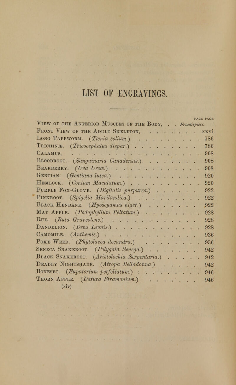 LIST OF ENGRAVINGS. FACE PAGE View of the Anterior Muscles op the Body, . . Frontispiece. Front Yiew op the Adult Skeleton, xxvi Long Tapeworm. {Tcenia solium.) 786 Trichina. {Tricocephalus dispar.) 786 Calamus, 908 Bloodroot. (Sanguinaria Canadensis.) 908 Bearberry. (Uva Ursa^.) 908 Gentian. (Gentiana lutea.) 920 Hemlock. (Conium Maculatiim.) 920 Purple Fox-Glove. (Digitalis purpurea.) 922 Pinkroot. (Spigelia Marilandica.) 922 Black Henbane. {Hyoscyamus niger.) 922 May Apple. (Podophyllum Peltatum.) 928 EuE, (Ruta Graveolens.) 928 Dandelion. (De7is Leonis.) 928 Camomile. (Anthemis.) 936 Poke Weed. (Phytolacca decandra.) 936 Seneca Snakeroot. (Polygala Senega.) 942 Black Snakeroot. (Aristolochia Serpentaria.) 942 Deadly Nightshade. (Atropa Belladonna.) 942 BoNESET. (Eupatorium perfoliatum.) 946 Thorn Apple. (Datura Stramonium.) 946