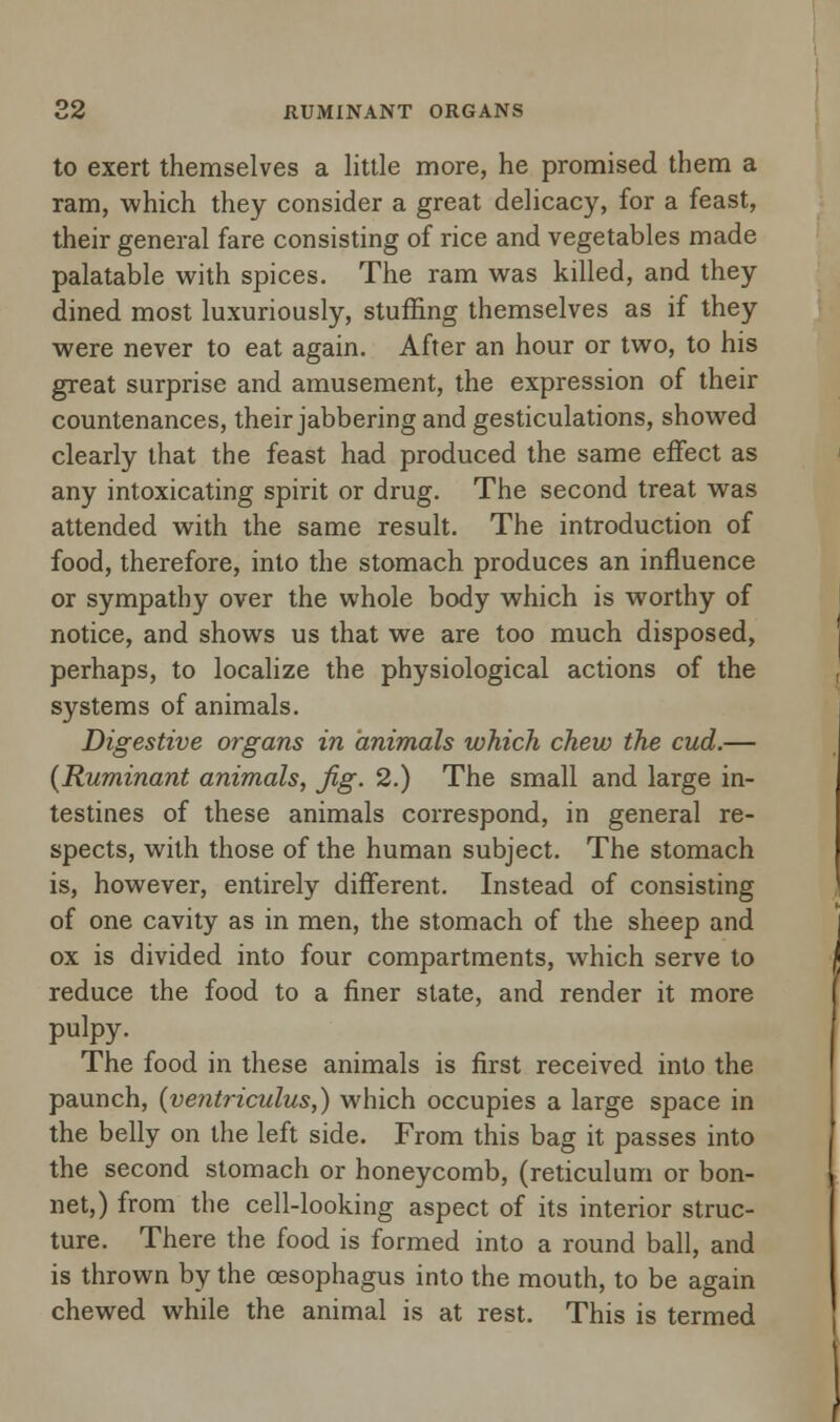 RUMINANT ORGANS to exert themselves a little more, he promised them a ram, which they consider a great delicacy, for a feast, their general fare consisting of rice and vegetables made palatable with spices. The ram was killed, and they dined most luxuriously, stuffing themselves as if they were never to eat again. After an hour or two, to his great surprise and amusement, the expression of their countenances, their jabbering and gesticulations, showed clearly that the feast had produced the same effect as any intoxicating spirit or drug. The second treat was attended with the same result. The introduction of food, therefore, into the stomach produces an influence or sympathy over the whole body which is worthy of notice, and shows us that we are too much disposed, perhaps, to localize the physiological actions of the systems of animals. Digestive organs in animals which chew the cud.— {Ruminant animals, Jig. 2.) The small and large in- testines of these animals correspond, in general re- spects, with those of the human subject. The stomach is, however, entirely different. Instead of consisting of one cavity as in men, the stomach of the sheep and ox is divided into four compartments, which serve to reduce the food to a finer state, and render it more pulpy. The food in these animals is first received into the paunch, (ventriculus,) which occupies a large space in the belly on the left side. From this bag it passes into the second stomach or honeycomb, (reticulum or bon- net,) from the cell-looking aspect of its interior struc- ture. There the food is formed into a round ball, and is thrown by the oesophagus into the mouth, to be again chewed while the animal is at rest. This is termed