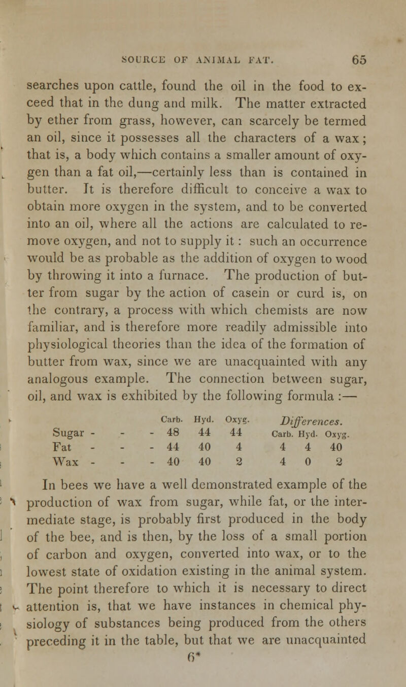 searches upon cattle, found the oil in the food to ex- ceed that in the dung and milk. The matter extracted by ether from grass, however, can scarcely be termed an oil, since it possesses all the characters of a wax; that is, a body which contains a smaller amount of oxy- gen than a fat oil,—certainly less than is contained in butter. It is therefore difficult to conceive a wax to obtain more oxygen in the system, and to be converted into an oil, where all the actions are calculated to re- move oxygen, and not to supply it: such an occurrence would be as probable as the addition of oxygen to wood by throwing it into a furnace. The production of but- ter from sugar by the action of casein or curd is, on the contrary, a process with which chemists are now familiar, and is therefore more readily admissible into physiological theories than the idea of the formation of butter from wax, since we are unacquainted with any analogous example. The connection between sugar, oil, and wax is exhibited by the following formula :— Differences. Carb. Hyd. Oxyg. 4 4 40 4 0 2 In bees we have a well demonstrated example of the production of wax from sugar, while fat, or the inter- mediate stage, is probably first produced in the body of the bee, and is then, by the loss of a small portion of carbon and oxygen, converted into wax, or to the lowest state of oxidation existing in the animal system. The point therefore to which it is necessary to direct attention is, that we have instances in chemical phy- siology of substances being produced from the others preceding it in the table, but that we are unacquainted 6* Carb. Hyd. Oxyg. Sugar - - 48 44 44 Fat - - 44 40 4 Wax - - 40 40 2