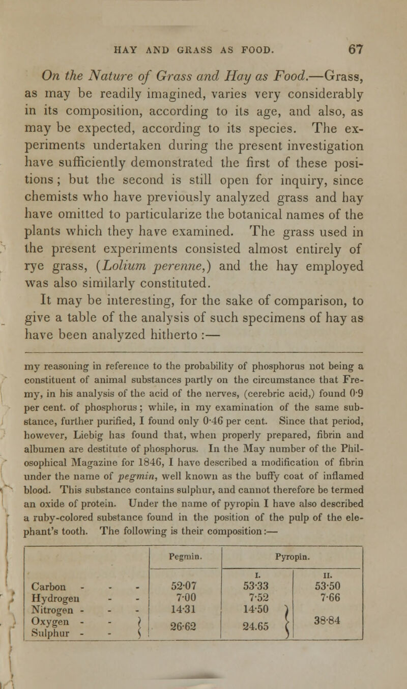 On the Nature of Grass and Hay as Food.—Grass, as may be readily imagined, varies very considerably in its composition, according to its age, and also, as may be expected, according to its species. The ex- periments undertaken during the present investigation have sufficiently demonstrated the first of these posi- tions ; but the second is still open for inquiry, since chemists who have previously analyzed grass and hay have omitted to particularize the botanical names of the plants which they have examined. The grass used in the present experiments consisted almost entirely of rye grass, (Lolium perenne,) and the hay employed was also similarly constituted. It may be interesting, for the sake of comparison, to give a table of the analysis of such specimens of hay as have been analyzed hitherto :— my reasoning in reference to the probability of phosphorus not being a constituent of animal substances partly on the circumstance that Fre- my, in his analysis of the acid of the nerves, (cerebric acid,) found 0-9 per cent, of phosphorus; while, in my examination of the same sub- stance, further purified, I found only 0-46 per cent. Since that period, however, Liebig has found that, when properly prepared, fibrin and albumen are destitute of phosphorus. In the May number of the Phil- osophical Magazine for 184G, I have described a modification of fibrin under the name of pegmin, well known as the buffy coat of inflamed blood. This substance contains sulphur, and cannot therefore be termed an oxide of protein. Under the name of pyropin I have also described a ruby-colored substance found in the position of the pulp of the ele- phant's tooth. The following is their composition:— Carbon ... Hydrogeu Nitrogen - Oxygen - - ) Sulphur - - ) Pegmin. Pyropin. 52-07 7-00 14-31 26-62 I. 53-33 7-52 14-50 1 24.65 \ ii. 53-50 7-66 38-84