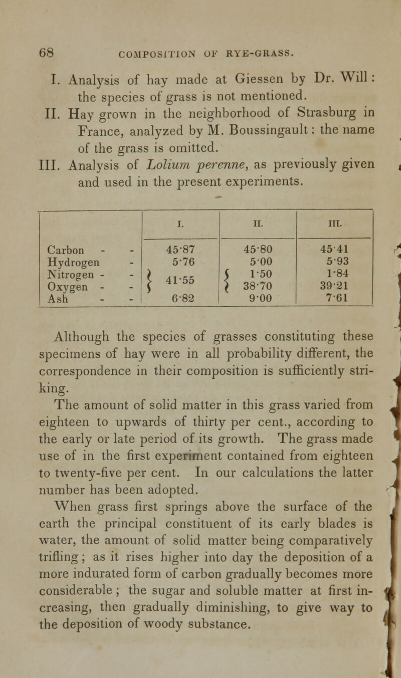 I. Analysis of hay made at Giessen by Dr. Will: the species of grass is not mentioned. II. Hay grown in the neighborhood of Strasburg in France, analyzed by M. Boussingault: the name of the grass is omitted. III. Analysis of Lolium perenne, as previously given and used in the present experiments. Carbon I. II. HI. 45-87 45-80 4541 Hydrogen 5-76 500 593 Nitrogen - Oxygen - 1 4155 \ 150 38-70 1-84 3921 Ash 6-82 900 761 Although the species of grasses constituting these specimens of hay were in all probability different, the correspondence in their composition is sufficiently stri- king. The amount of solid matter in this grass varied from eighteen to upwards of thirty per cent., according to the early or late period of its growth. The grass made use of in the first experiment contained from eighteen to twenty-five per cent. In our calculations the latter number has been adopted. When grass first springs above the surface of the earth the principal constituent of its early blades is water, the amount of solid matter being comparatively trifling; as it rises higher into day the deposition of a more indurated form of carbon gradually becomes more considerable ; the sugar and soluble matter at first in- creasing, then gradually diminishing, to give way to the deposition of woody substance.