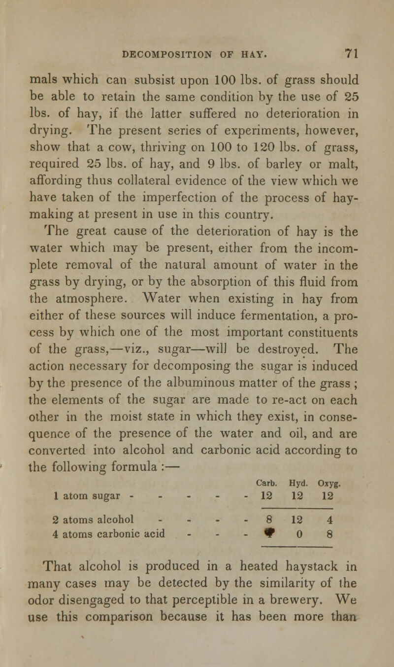 mals which can subsist upon 100 lbs. of grass should be able to retain the same condition by the use of 25 lbs. of hay, if the latter suffered no deterioration in drying. The present series of experiments, however, show that a cow, thriving on 100 to 120 lbs. of grass, required 25 lbs. of hay, and 9 lbs. of barley or malt, affording thus collateral evidence of the view which we have taken of the imperfection of the process of hay- making at present in use in this country. The great cause of the deterioration of hay is the water which may be present, either from the incom- plete removal of the natural amount of water in the grass by drying, or by the absorption of this fluid from the atmosphere. Water when existing in hay from either of these sources will induce fermentation, a pro- cess by which one of the most important constituents of the grass,—viz., sugar—will be destroyed. The action necessary for decomposing the sugar is induced by the presence of the albuminous matter of the grass ; the elements of the sugar are made to re-act on each other in the moist state in which they exist, in conse- quence of the presence of the water and oil, and are converted into alcohol and carbonic acid according to the following formula :— 1 atom sugar - - - - 2 atoms alcohol ... 4 atoms carbonic acid That alcohol is produced in a heated haystack in many cases may be detected by the similarity of the odor disengaged to that perceptible in a brewery. We use this comparison because it has been more than Carb. 12 Hyd. 12 Oxyg. 12 8 12 0 4 8