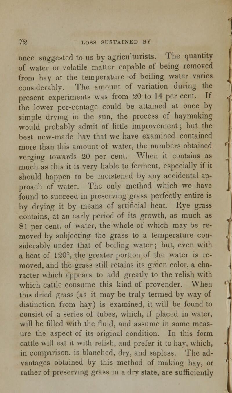 once suggested to us by agriculturists. The quantity of water or volatile matter capable of being removed from hay at the temperature of boiling water varies considerably. The amount of variation during the present experiments was from 20 to 14 per cent. If the lower per-centage could be attained at once by simple drying in the sun, the process of haymaking would probably admit of little improvement; but the best new-made hay that we have examined contained more than this amount of water, the numbers obtained verging towards 20 per cent. When it contains as much as this it is very liable to ferment, especially if it should happen to be moistened by any accidental ap- proach of water. The only method which we have found to succeed in preserving grass perfectly entire is by drying it by means of artificial heat. Rye grass contains, at an early period of its growth, as much as 81 per cent, of water, the whole of which may be re- moved by subjecting the grass to a temperature con- siderably under that of boiling water; but, even with a heat of 120°, the greater portion of the water is re- moved, and the grass still retains its green color, a cha- racter which appears to add greatly to the relish with which cattle consume this kind of provender. When this dried grass (as it may be truly termed by way of distinction from hay) is examined, it will be found to consist of a series of tubes, which, if placed in water, will be filled with the fluid, and assume in some meas- ure the aspect of its original condition. In this form cattle will eat it with relish, and prefer it to hay, which, in comparison, is blanched, dry, and sapless. The ad- vantages obtained by this method of making hay, or rather of preserving grass in a dry state, are sufficiently