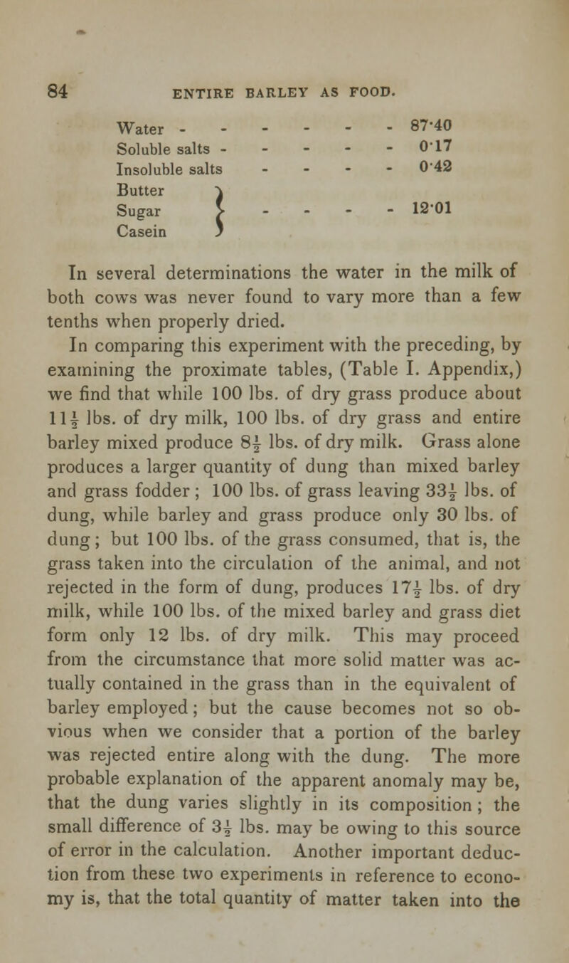 Water 87-40 Soluble salts 0*17 Insoluble salts .... 0-42 Butter } Sugar > ... 12-01 Casein 3 In several determinations the water in the milk of both cows was never found to vary more than a few tenths when properly dried. In comparing this experiment with the preceding, by examining the proximate tables, (Table I. Appendix,) we find that while 100 lbs. of dry grass produce about 11| lbs. of dry milk, 100 lbs. of dry grass and entire barley mixed produce 8| lbs. of dry milk. Grass alone produces a larger quantity of dung than mixed barley and grass fodder ; 100 lbs. of grass leaving 33| lbs. of dung, while barley and grass produce only 30 lbs. of dung; but 100 lbs. of the grass consumed, that is, the grass taken into the circulation of the animal, and not rejected in the form of dung, produces 17£ lbs. of dry milk, while 100 lbs. of the mixed barley and grass diet form only 12 lbs. of dry milk. This may proceed from the circumstance that more solid matter was ac- tually contained in the grass than in the equivalent of barley employed; but the cause becomes not so ob- vious when we consider that a portion of the barley was rejected entire along with the dung. The more probable explanation of the apparent anomaly may be, that the dung varies slightly in its composition ; the small difference of 3£ lbs. may be owing to this source of error in the calculation. Another important deduc- tion from these two experiments in reference to econo- my is, that the total quantity of matter taken into the