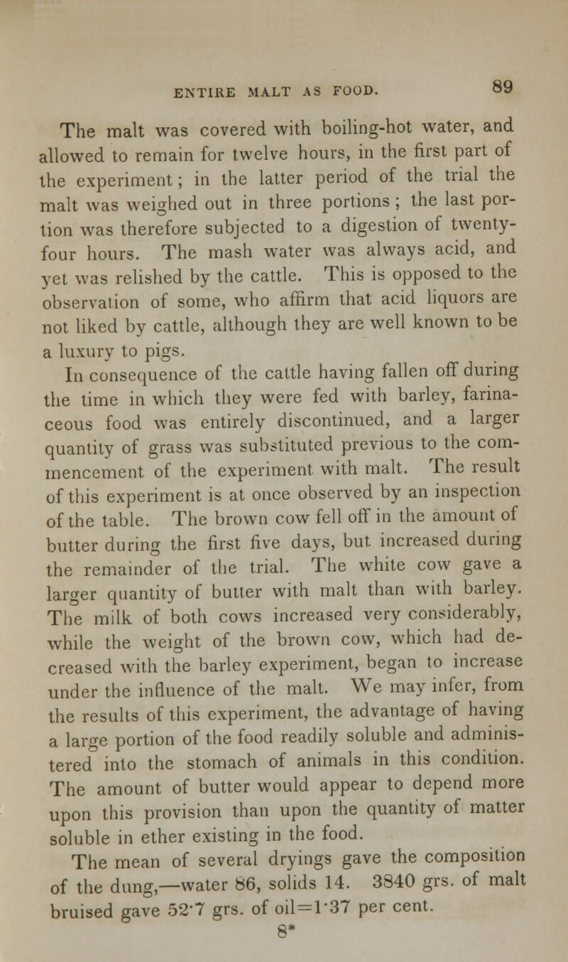 The malt was covered with boiling-hot water, and allowed to remain for twelve hours, in the first part of the experiment; in the latter period of the trial the malt was weighed out in three portions ; the last por- tion was therefore subjected to a digestion of twenty- four hours. The mash water was always acid, and yet was relished by the cattle. This is opposed to the observation of some, who affirm that acid liquors are not liked by cattle, although they are well known to be a luxury to pigs. In consequence of the cattle having fallen off during the time in which they were fed with barley, farina- ceous food was entirely discontinued, and a larger quantity of grass was substituted previous to the com- mencement of the experiment with malt. The result of this experiment is at once observed by an inspection of the table. The brown cow fell off in the amount of butter during the first five days, but increased during the remainder of the trial. The white cow gave a larger quantity of butter with malt than with barley. The milk of both cows increased very considerably, while the weight of the brown cow, which had de- creased with the barley experiment, began to increase under the influence of the malt. We may infer, from the results of this experiment, the advantage of having a large portion of the food readily soluble and adminis- tered into the stomach of animals in this condition. The amount of butter would appear to depend more upon this provision than upon the quantity of matter soluble in ether existing in the food. The mean of several dryings gave the composition of the dung,—water 86, solids 14. 3840 grs. of malt bruised gave 52*7 grs. of oil=T37 per cent. 8*