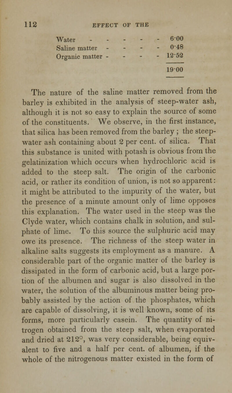 Water 600 Saline matter - 048 Organic matter - - - - 12-52 1900 The nature of the saline matter removed from the barley is exhibited in the analysis of steep-water ash, although it is not so easy to explain the source of some of the constituents. We observe, in the first instance, that silica has been removed from the barley ; the steep- water ash containing about 2 per cent, of silica. That this substance is united with potash is obvious from the gelatinization which occurs when hydrochloric acid is added to the steep salt. The origin of the carbonic acid, or rather its condition of union, is not so apparent: it might be attributed to the impurity of the water, but the presence of a minute amount only of lime opposes this explanation. The water used in the steep was the Clyde water, which contains chalk in solution, and sul- phate of lime. To this source the sulphuric acid may owe its presence. The richness of the steep water in alkaline salts suggests its employment as a manure. A considerable part of the organic matter of the barley is dissipated in the form of carbonic acid, but a large por- tion of the albumen and sugar is also dissolved in the water, the solution of the albuminous matter being pro- bably assisted by the action of the phosphates, which are capable of dissolving, it is well known, some of its forms, more particularly casein. The quantity of ni- trogen obtained from the steep salt, when evaporated and dried at 212°, was very considerable, being equiv- alent to five and a half per cent, of albumen, if the whole of the nitrogenous matter existed in the form of