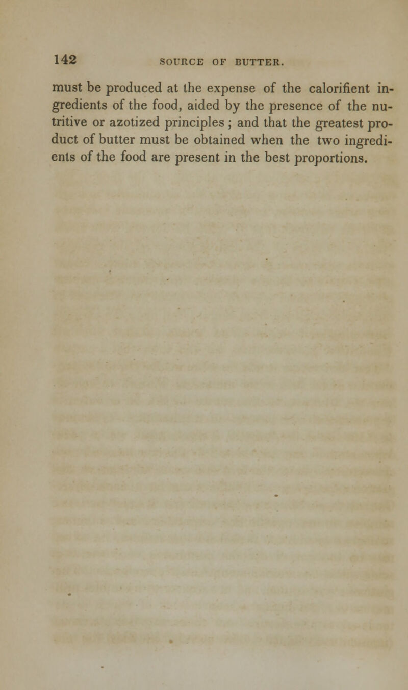 must be produced at the expense of the calorifient in- gredients of the food, aided by the presence of the nu- tritive or azotized principles ; and that the greatest pro- duct of butter must be obtained when the two ingredi- ents of the food are present in the best proportions.