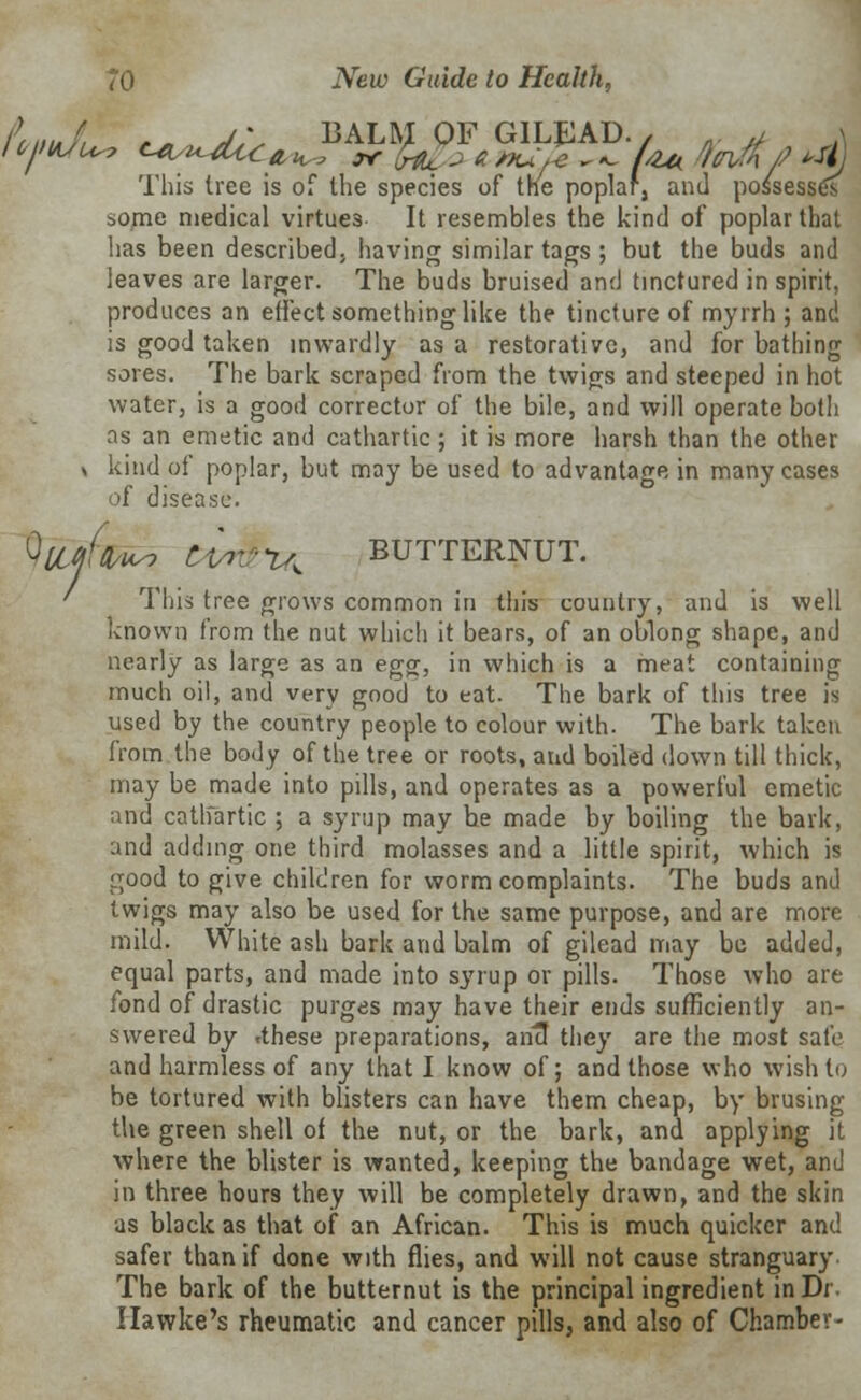 Ay*£ t^Mc^Kk%^^c^:U Mt/4 This tree is of the species of trie poplar, and possesses some medical virtues It resembles the kind of poplar that has been described, having similar tags ; but the buds and leaves are larger. The buds bruised and tinctured in spirit, produces an effect something like the tincture of myrrh ; and is good taken inwardly as a restorative, and for bathing sores. The bark scraped from the twigs and steeped in hot water, is a good corrector of the bile, and will operate both as an emetic and cathartic ; it is more harsh than the other v kind of poplar, but may be used to advantage in many cases of disease. tofe tittix^ BUTTERNUT. ' This tree grows common in this country, and is well known from the nut which it bears, of an oblong shape, and nearly as large as an egg, in which is a meat containing much oil, and very good to eat. The bark of this tree is used by the country people to colour with. The bark taken from the body of the tree or roots, and boiled down till thick, may be made into pills, and operates as a powerful emetic and cathartic ; a syrup may be made by boiling the bark, and adding one third molasses and a little spirit, which is good to give children for worm complaints. The buds and twigs may also be used for the same purpose, and are more mild. White ash bark and balm of gilead may be added, equal parts, and made into syrup or pills. Those who are fond of drastic purges may have their ends sufficiently an- swered by tthese preparations, aritl they are the most safe and harmless of any that I know of; and those who wish to be tortured with blisters can have them cheap, by brusing the green shell of the nut, or the bark, and applying it where the blister is wanted, keeping the bandage wet, and in three hours they will be completely drawn, and the skin as black as that of an African. This is much quicker and safer than if done with flies, and will not cause stranguary The bark of the butternut is the principal ingredient inDr Ilawke's rheumatic and cancer pills, and also of Chamber-