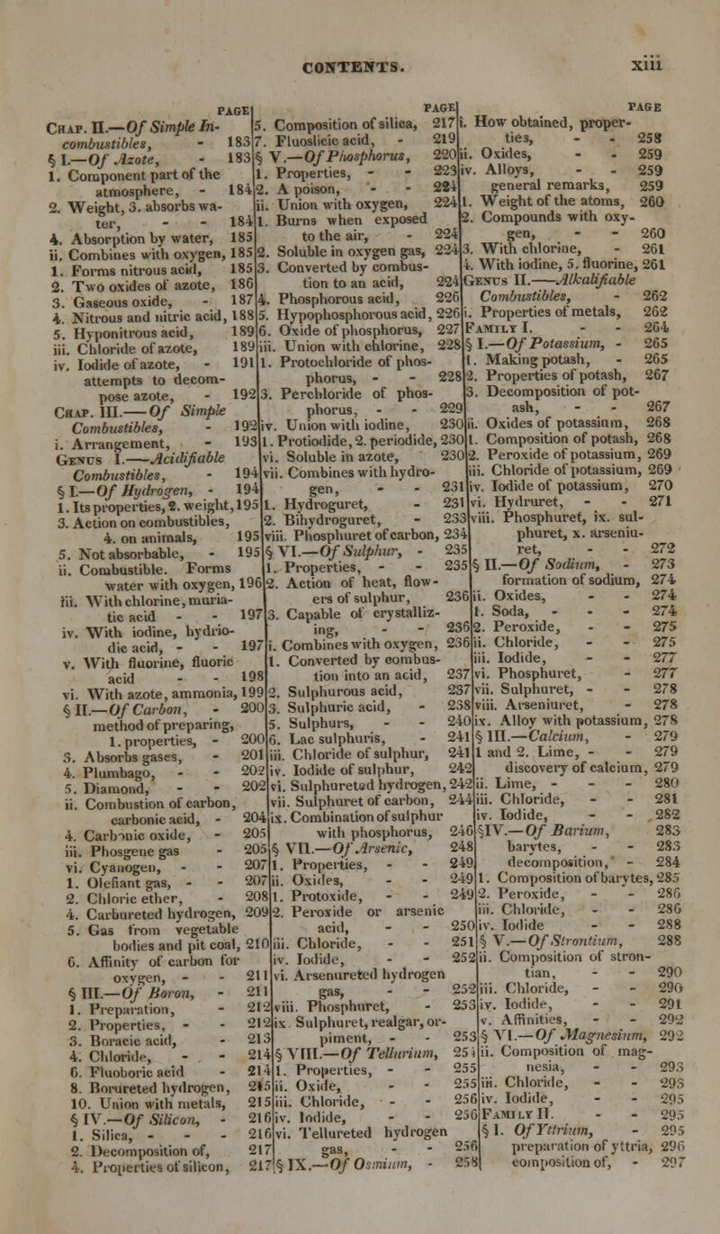 PAGE] pAGE Chap. II.—Of Simple In- |5. Composition of silica, 217 combustibles, § I.—O/ Azote, 1. Component part of the atmosphere, 2. Weight, 3. absorbs wa- ter, 4. Absorption by water, ii. Combines with oxygen, 185 1. Forms nitrous acid, 185 2. Two oxides of azote, 186 3. Gaseous oxide, - 187 4. Nitrous and nitric acid, 188 183 7. Fluoslicic acid, 183% V.—OfPiiosphorus, 1. Properties, - 1842. A poison, ii. Union with oxygen, 1841. Burns when exposed 219 2-20 223 22+ 224 185 192 192 193 5. Hyponitrous acid, iii. Chloride of azote, iv. Iodide of azote, attempts to decom- pose azote, Chap. III. Of Simple Combustibles, i. Arrangement, Genus 1. Acidifiabk Combustibles, § I.—O/ Hydrogen, - 194 1. Its properties, 2. weight, 195 3. Action on combustibles, 4. on animals, 195 5. Not absorbable, - 195 ii. Combustible. Forms water with oxygen, 196 iii. With chlorine, muria- tic acid - - 197 iv. With iodine, hydrio- dic acid, - v. With fluorine, fluoric acid - - 198 vi. With azote, ammonia, 199 §11.—Of Carbon, - 200 method of preparing, 1. properties, - 200 3. Absorbs gases, - 201 4. Plumbago, - - 202 5. Diamond, ii. Combustion of carbon, carbonic acid, 4. Carbinic oxide, iii. Phosgene gas vi. Cyanogen, 1. Olefiant gas, - 2. Chloric ether, 4. Carbureted hydrogen, 209 5. Gas from vegetable bodies and pit coal, 210 6. Affinity of carbon for oxvgen, - § III— Of Moron, - 1. Preparation, 2. Properties, 3. Boracic acid, 4. Chloride, fi. Fluoboric acid 8. Borureted hydrogen, 10. Union with metals, § IV— Of Silicon, - 1. Silica, - 2. Decomposition of, 4. Properties of silicon, to the air, - 224 Soluble in oxygen gas, 224 Converted by combus- tion to an acid, 224 Phosphorous acid, 226 Hypophosphorous acid, 226 Oxide of phosphorus, 227 Union with chlorine, 228 Protochloride of phos, phorus, - 3. Perchloride of phos- phorus, - - 229 iv. Union with iodine, 230 1. Protiodide, 2. periodide, 230 jvi. Soluble in azote, 194 vii. Combines with hydro 204 20r 205 207 207 208 211 211 212 gen, - - 231 Hvdroguret, - 231 2. Bihydroguret, - 233 viii. Phosphuret of carbon, 234 §VI._Of Sulphur, - 235 1. Properties, - - 235 2. Action of heat, flow- ers of sulphur, 236 Capable of crystalliz- ing, - - 236 Combines with oxygen, 236 I. Converted by combus- tion into an acid, 237 Sulphurous acid, 237 3. Sulphuric acid, - 238 5. Sulphurs, - - 240 Lac sulphuris, - 241 iii. Chloride of sulphur, 241 Iodide of sulphur, 242 vi. Sulphuretsd hydrogen, 242 vii. Sulphuret of carbon, 244 ix. Combination of sulphur with phosphorus, 246 § Vl\.—Of Arsenic, 248 1. Properties, - - 249 ii. Oxides, - - 249 1 1. Protoxide, - - 249 2. Peroxide or arsenic acid, - - 250 ii. Chloride, - - 251 iv. Iodide, vi. Arsenureted hydrogen gas, - - 252 viii. Phosphuret, PAGE i. How obtained, proper- ties, - - 258 ii. Oxides, - . 259 Alloys, - - 259 general remarks, 259 1. Weight of the atoms, 260 2. Compounds with oxy- gen, - - 260 3. With chlorine, - 261 4. With iodine, 5. fluorine, 261 Genus II. Alhalifiable Combustibles, - 262 Properties of metals, 262 Family I. - - 264 § I.—Of Potassium, - 265 1. Making potash, - 265 2. Properties of potash, 267 3. Decomposition of pot- ash, - - 267 ii. Oxides of potassium, 268 1. Composition of potash, 268 2. Peroxide of potassium, 269 iii. Chloride of potassium, 269 iv. Iodide of potassium, 270 vi. Hydruret, - - 271 viii. Phosphuret, ix. sul- phuret, x. arseniu- ret, - - 272 § II.—0/ Sodium, - 273 formation of sodium, 274 Oxides, - - 274 Soda, - - - 274 Peroxide, - - 275 Chloride, - - 275 Iodide, - - 277 vi. Phosphuret, - 277 vii. Sulphuret, - - 278 viii. Arseniuret, - 278 ix. Alloy with potassium, 278 § in.—Calcium, - 279 1 and 2. Lime, - - 279 discovery of calcium, 279 213 214 214 24 5 215 21 fi 216 217 21 ii. Lime, - iii. Chloride, iv. Iodide, §IV.— Of Barium, barytes, decomposition,' 280 281 282 283 283 284 212 ix Sulphuret, realgar, or- piment, - §Y\U.—Of Tellurium, 1. Properties, - i. Oxide, ii. Chloride, .v. Iodide, vi. Tellureted hydrogen gas, §1X.—Of Osmium, - Composition of barvtes, 285 2. Peroxide, - '- 286 iii. Chloride, - - 280 iv. Iodide - - 288 § V.— Of Strontium, 288 ii. Composition of stron- tian, - - 290 iii. Chloride, - - 290 iv. Iodide, - - 291 v. Affinities, - - 292 253 § VI.— Of Magnesium, 292 25 i ii. Composition of mag- 255 nesia, - - 293 255 iii. Chloride, - - 293 256 iv. Iodide, - - 295 256FamiltH. - - 295 §1. Of Yttrium, - 295 256 preparation of y'tria, 29o 258 composition of, - 297