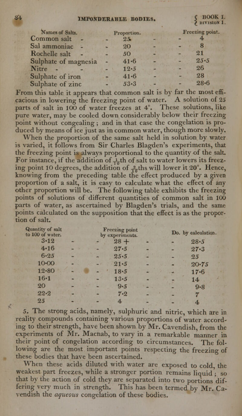 Names of Salts. Common salt Proportion. 25. Sal ammoniac - 20 Rochelle salt 50 Sulphate of magnesia Nitre - 41-6 12-5 Sulphate of iron 41-6 Sulphate of zinc 53«3 IMPONDERABLE BODIES. S BOOK I. £ DIVISION 1 Freezing point. 4 8 21 25-5 26 28 28-6 From this table it appears that common salt is by far the most effi- cacious in lowering the freezing point of water. A solution of 25 parts of salt in 100 of water freezes at 4°. These solutions, like pure water, may be cooled down considerably below their freezing point without congealing; and in that case the congelation is pro- duced by means of ice just as in common water, though more slowly. When the proportion of the same salt held in solution by water is varied, it follows from Sir Charles Blagden's experiments, that the freezing point is always proportional to the quantity of the salt. For instance, if the addition of JLth of salt to water lowers its freez- ing point 10 degrees, the addition of T2^ths will lower it 20°. Hence, knowing from the preceding table the effect produced by a given proportion of a salt, it is easy to calculate what the effect of any other proportion will be. The following table exhibits the freezing points of solutions of different quantities of common salt in 100 parts of water, as ascertained by Blagden's trials, and the same points calculated on the supposition that the effect is as the propor- tion of salt. Do. by calculation. 28-5 27-3 25 20-75 17-6 14 9-8 7 5. The strong acids, namely, sulphuric and nitric, which are in reality compounds containing various proportions of water accord- ing to their strength, have been shown by Mr. Cavendish, from the experiments of Mr. Macnab, to vary in a remarkable manner in their point of congelation according to circumstances. The fol- lowing are the most important points respecting the freezing of these bodies that have been ascertained. When these acids diluted with water are exposed to cold the weakest part freezes, while a stronger portion remains liquid ; so that by the action of cold they are separated into two portions dif- fering very much in strength. This has been termed by Mr. Ca- vendish the aqueous congelation of these bodies. Quantity of salt to 100 of water. 3-12 4-16 Freezing point by experiments. 28 + 27-5 6-25 25-5 10-00 21-5 12-80 18-5 16-1 13-5 20 9-5 22-2 7-2