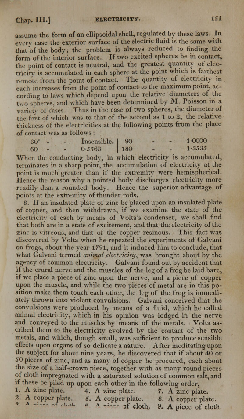 assume the form of an ellipsoidal shell, regulated by these laws. In every case the exterior surface of the electric fluid is the same with that of the body; the problem is always reduced to finding the form of the interior surface. If two excited spheres be in contact, the point of contact is neutral, and the greatest quantity of elec- tricity is accumulated in each sphere at the point which is farthest remote from the point of contact. The quantity of electricity in each increases from the point of contact to the maximum point, ac- cording to laws which depend upon the relative diameters of the two spheres, and which have been determined by M. Poisson in a variety of cases. Thus in the case of two spheres, the diameter of the first of which was to that of the second as 1 to 2, the relative thickness of the electricities at the following points from the place of contact was as follows : 30° - - Insensible. I 90 - 1-0000 60 - - 0-5563 I 180 - - 1-3535 When the conducting body, in which electricity is accumulated, terminates in a sharp point, the accumulation of electricity at the point is much greater than if the extremity were hemispherical. Hence the reason why a pointed body discharges electricity more readily than a rounded body. Hence the superior advantage of points at the extremity of thunder rods. 8. If an insulated plate of zinc be placed upon an insulated plate of copper, and then withdrawn, if we examine the state of the electricity of each by means of Volta's condenser, we shall find that both are in a state of excitement, and that the electricity of the zinc is vitreous, and that of the copper resinous. This fact was discovered by Volta when he repeated the experiments of Galvani on frogs, about the year 1791, and it induced him to conclude, that what Galvani termed animal electricity, was brought about by the agency of common electricity. Galvani found out by accident that if the crural nerve and the muscles of the leg of a frog be laid bare, if we place a piece of zinc upon the nerve, and a piece of copper upon the muscle, and while the two pieces of metal are in this po- sition make them touch each other, the leg of the frog is immedi- ately thrown into violent convulsions. Galvani conceived that the convulsions were produced by means of a fluid, which he called animal electri ity, which in his opinion was lodged in the nerve and conveyed to the muscles by means of the metals. Volta as- cribed them to the electricity evolved by the contact of the two metals, and which, though small, was sufficient to produce sensible effects upon organs of so delicate a nature. After meditating upon the subject for about nine years, he discovered that if about 40 or 50 pieces of zinc, and as many of copper be procured, each about the size of a half-crown piece, together with as many round pieces of cloth impregnated with a saturated solution of common salt, and if these be piled up upon each other in the following order, 1. A zinc plate. 4. A zinc plate. 7. A zinc plate. 2. A copperplate. 5. A copperplate. 8. A copper plate, o a .: c ?wv a A _:_ of doth| Q# A piece of doth