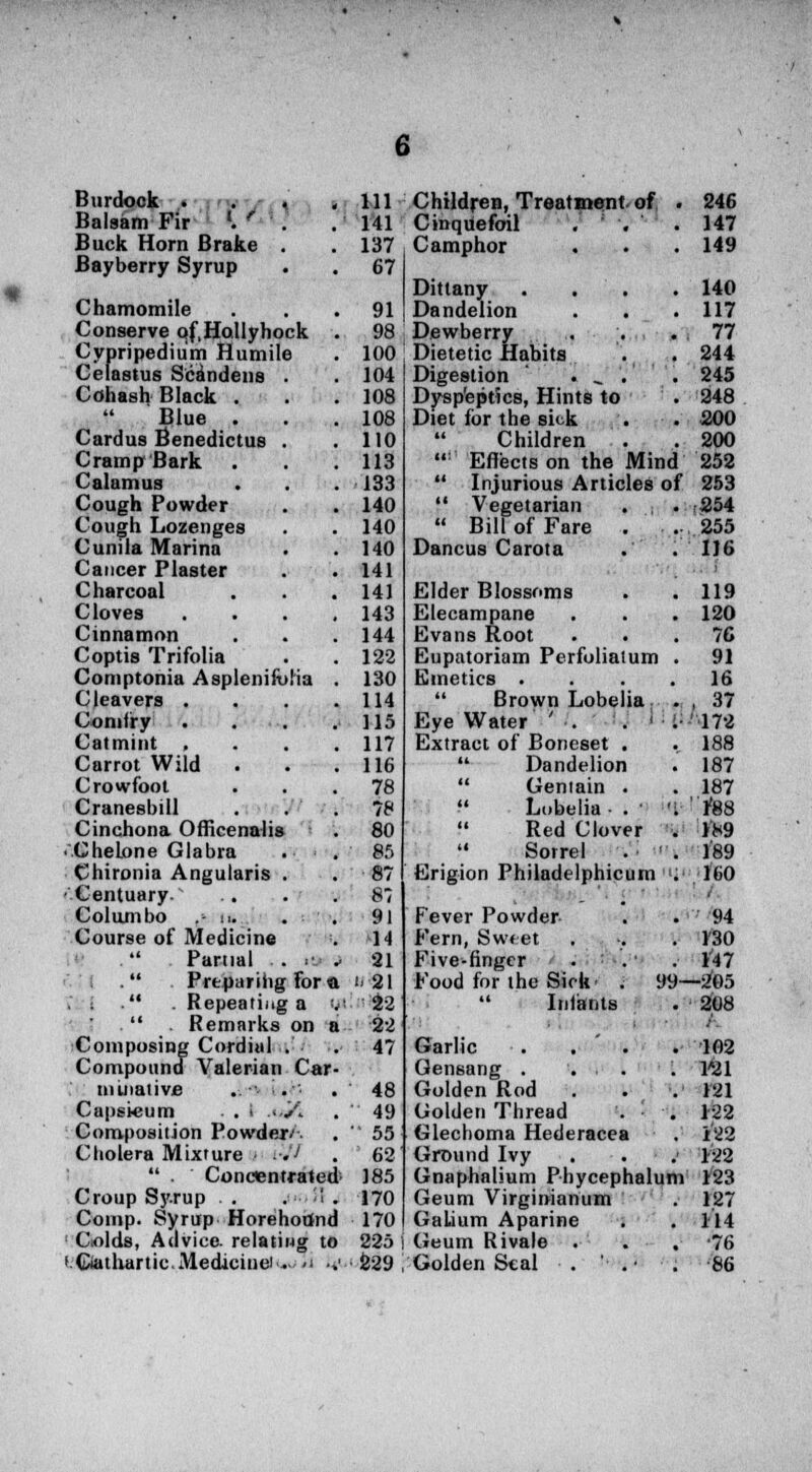 Burdock . Balsam Fir K* . 111 Children, Treatment, of . 246 141 Cinquefoil . ; . 147 Buck Horn Brake . 137 Camphor 149 Bayberry Syrup 67 Dittany . . . 140 Chamomile . 91 Dandelion . . . 117 Conserve qf.Hallyhock . 98 Dewberry . Dietetic Habits . . 77 Cypripedium Humile Co last us Scandens . 100 244 104 Digestion I' J '.'.;' y. 245 Cohash Black . 108 Dysp'eptics, Hints to 248 Blue . 108 Diet for the sick 200 Cardus Benedicttis . 110 Children . 200 Cramp Bark 113 : Effects on the Mind 252 Calamus 133  Injurious Articles of 253 Cough Powder 140  Vegetarian . , . 254 Cough Lozenges 140  Bill of Fare . .. 255 Cunila Marina 140 Dancus Carota 116 Cancer Plaster 141 , . ] Charcoal 141 Elder Blossoms 119 Cloves 143 Elecampane 120 Cinnamon 144 Evans Root 76 Coptis Trifolia 122 Eupatoriam Perfoliatum . 91 Comptonia Aspleniiolia 130 Emetics .... 16 Cleavers . . 114  Brown Lobelia; . , 37 Conifry 115 Eye Water ' . . '<■'.'■ 172 Catmint , 117 Extract of Boneset . . 188 Carrot Wild . 116  Dandelion 187 Crowfoot 78  Gentain . 187 Cranesbill 78 H Lobelia • . • 'I ' 1*88 Cinchona Officenalis 80  Red Clover . 1*9 • CheLone Glabra 85  Sorrel . ' . 1'89 Chironia Angularis . ■87 Erigion Philadelphicum ;. 160 ■ Centuary. 87 Columbo .1.. . 91 Fever Powder 94 Course of Medicine 14 Fern, Sweet 1'30  Partial . >:■■ t 21 Five-finger . : . 1'47 .  Preparing for « i 1.-21 Food for the Sick' . 99- -205 . . Repeating a *! 22  Infants 208 .  . Remarks on t i 22 f. Composing Cordial . Compound Valerian Car 47 Garlic . . . . 102 Gen6ang . ... ■ '. 1A21 inniiii ive .. ••■ i .■•• 48 Golden Rod . 121 Capsieum . . i .<•'.. 49 Golden Thread . : . 122 Composition Powder/-.  55 Glechoma Hederacea i'22 Cholera Mixture i i-Ji 62 Ground Ivy . ■ .■ 122  . Concentrated • 185 Gnaphalium Phycephalum 123 Croup Sj'.rup . . . <! 170 Geum Virginianum 127 Comp. Syrup Horehonim 170 GaLium Aparine 114 ■ Golds, Advice, relating tc 225 Geum Rivale . . , •76 fftithnrtir Mrntiriinnt'i >i 1 1 229 Golden Seal . '• . • ; 86