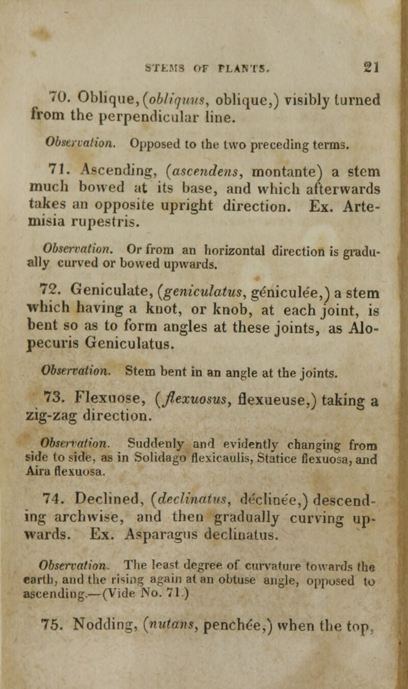 70. Oblique, (obliijims, oblique,) visibly turned from the perpendicular line. Observation. Opposed to the two preceding terms. 71. Ascending, (ascendens, montante) a stem much bowed at its base, and which afterwards takes an opposite upright direction. Ex. Arte- misia rupestris. Observation. Or from an horizontal direction is gradu- ally curved or bowed upwards. 72. Geniculate, (geniculatus, geniculee,) a stem which having a knot, or knob, at each joint, is bent so as to form angles at these joints, as Alo- pecuris Geniculatus. Observation. Stem bent in an angle at the joints. 73. Flexuose, (Jlexuosus, flexueuse,) taking a zig-zag direction. Observation. Suddenly and evidently changing from side to side, as in Solidago flexicaulis, Statice flexuosa, and Aira flexuosa. 74. Declined, (declinatus, d<:clinee,) descend- ing archwise, and then gradually curving up- wards. Ex. Asparagus decliuatus. Observation. The l^ast degree of curvature towards the earth, and the rising again at an obtuse angle, opposed to ascending.— (Vide No. 71.) 75. Nodding, (nutans, penchc-e,) when the top,