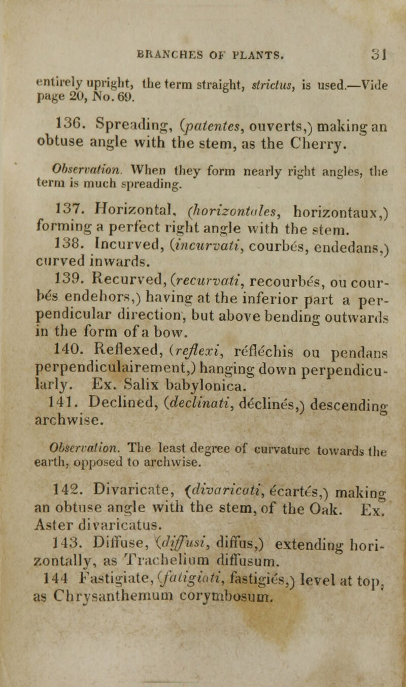 entirely upright, the term straight, strictus, is used.—Vide page 20, Wo. 69. 136. Spreading, (patentes, ouverts,) making an obtuse angle with the stem, as the Cherry. Observation When they form nearly right angles, the term is much .spreading. 137. Horizontal, (korizontales, horizontaux,) forming a perfect right angle w ith the ?tem. 138. Incurved, (.incurvati, courbcs, endedans,) curved inwards. 139. Recurved, (recurvati, recourbes, ou cour- bos endehors,) having at the inferior part a per- pendicular direction, but above bending outward- in the form of a bow. 140. Reflexed, (reflexi, refiechis ou pendans perpendiculairement,) hanging down perpendicu- larly. Ex. Salix babylonica. 141. Declined, (declinati, declines,) descending archwise. Observation. The least degree of curvature towards the earth, opposed to archwise. 142. Divaricate, (cftvanca2£'6cart&,) making an obtuse angle with the stem, of the Oak. Ex. Aster divaricatus. 143. Diffuse, Xdiffusi, #flfas,) extending hori- zontally, as Trachelium diffusum. 144 Fastigiate, (fatigiati, fastigies,) level at top. as Chrysanthemum corymbosum.