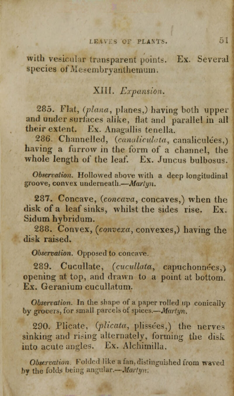 with vesicular transparent points. Ex. Several species bf Mesembryaifthemum. XIII. Expansion. 285. Flat, (plana, planes,) having both upper and under surfaces alike, Hat and parallel in all their extent. Ex. Anagallis tenella. 286. Channelled, (canaliculata, canaliculees,) having a furrow in the form of a channel, the whole length of the leaf. Ex. Juncus bulbosus. Observation. Hollowed above with a deep longitudinal groove, convex underneath.—Mar'yn. 287. Concave, (concava, concaves,) when the disk of a leaf sinks, whilst the sides rise. Ex. Sidum hybridum. 288. Convex, (convexa, convexes,) having the disk raised. Observation. Opposed to concave. 289. Cucullate, (cucullata, capuchonnecs,) opening at top, and drawn to a point at bottom. Ex. Geranium cucullatum. Observation. In the shape of a paper rolled up conically by grocers, for small parcels of spices.—Martyn. 290. Plicate, (plicate, plissees,) the nerves sinking and rising alternately, forming the disk into acute angles. Ex. Alchimilla. Observation. Folded like a fan,distinguished from waved by the folds being angular.—Martyn.