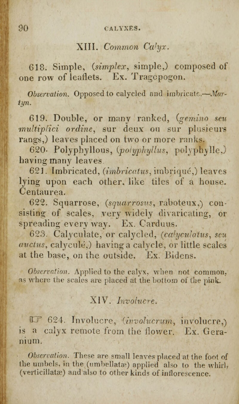 XIII. Common Calyx. 618. Simple, (simplex, simple,) composed of one row of leaflets. Ex. Tragcpogon. Observation. Opposed to calycled and imbricate.—Mar- tyn. 619. Double, or many ranked, igemino sen multipfici ordine, sur deux on sur plusieurs rangs,) leaves placed on two or more ranks, 620- Polyphyllous, (volyphyllus, polypnylle,) having man}' leaves 621. Imbricated, (i?nbricatus, imbrique,) leaves lying upon each other, like tiles of a house. Centaurea. 622. Squarrose, (squarrosvs, raboteux,) con- sisting of scales, very widely divaricating, or spreading every way. Ex. Carduus. 623. Calyculate, or calycled, (catyculatus, scu avctus, calycule.) having a calycle, or little scales at the base, on the outside. Ex. Bidens. Observed inn. Applied to the calyx, when not common, as where the scales are placed at the bottom of the pink. XIV. Involucre. (ET 624. Involucre, (ivvohicrum, involucre,) is a calyx remote from the flower. Ex. Gera- nium. Observation. These are small leaves placed at the foot of the umbels, in the (iimbellatafi) applied also to the whirl. (verticillatae) and also to other kinds of inflorescence.