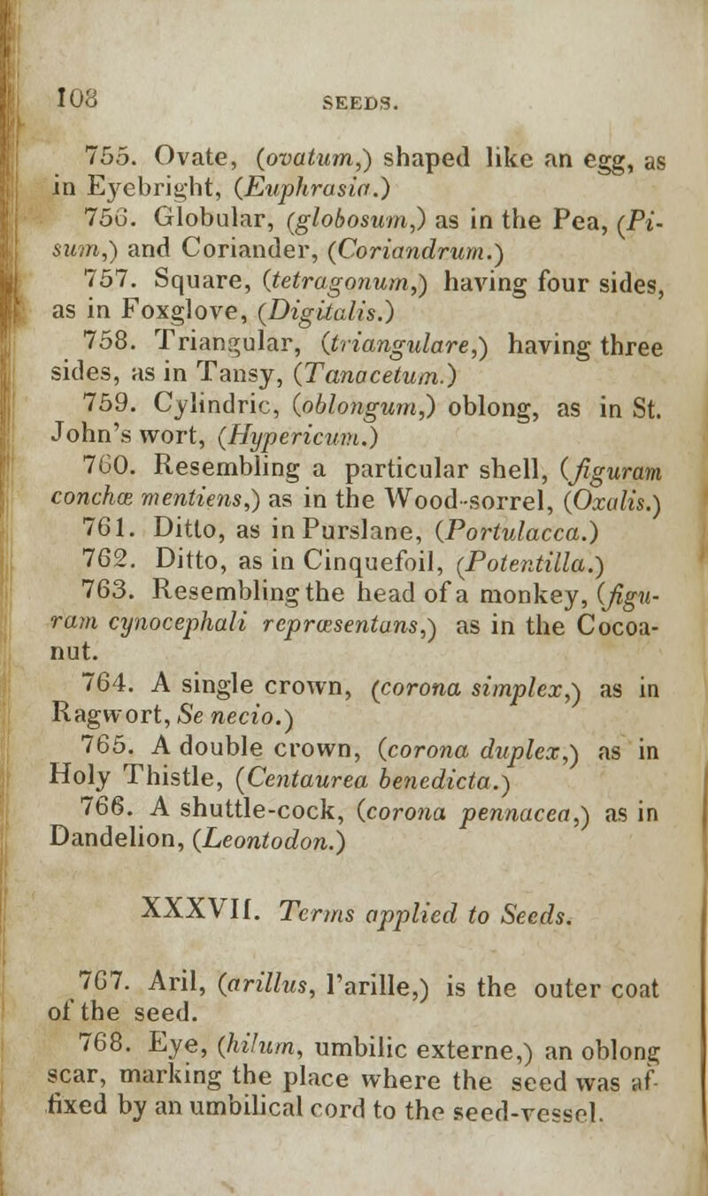 755. Ovate, (ovatum,) shaped like an egg, as in Eyebright, (Euphrasia.) 756. Globular, (globosum,) as in the Pea, (Pi- sum,) and Coriander, (Coriandrum.) 757. Square, (tetragonum,) having four sides, as in Foxglove, (Digitalis.) 758. Triangular, (triangulare,) having three sides, as in Tansy, (Tanacetum.) 759. Cvlindric, (oblongum,) oblong, as in St. John's wort, (Hypericum.) 760. Resembling a particular shell, (figurant concha; mentiens,) as in the Wood sorrel, (Oxalis.) 761. Ditto, as in Purslane, (Portulacca.) 762. Ditto, as in Cinquefoil, (Potentilla.) 763. Resembling the head of a monkey, (figu- ram cynocephali reprcesentans,) as in the Cocoa- nut. 764. A single crown, (corona simplex,-) as in Ragwort, Se necio.) 765. A double crown, (corona duplex,) as in Holy Thistle, (Centaurea benedicta.) 766. A shuttle-cock, (corona pennacea,) as in Dandelion, (Leontodon.) XXXVII. Terms applied to Seeds. 767. Aril, (arillus, Parille,) is the outer coat of the seed. 768. Eye, (hilum, umbilic externe,) an oblong scar, marking the place where the seed was af- fixed by an umbilical cord to the seed-vessel.