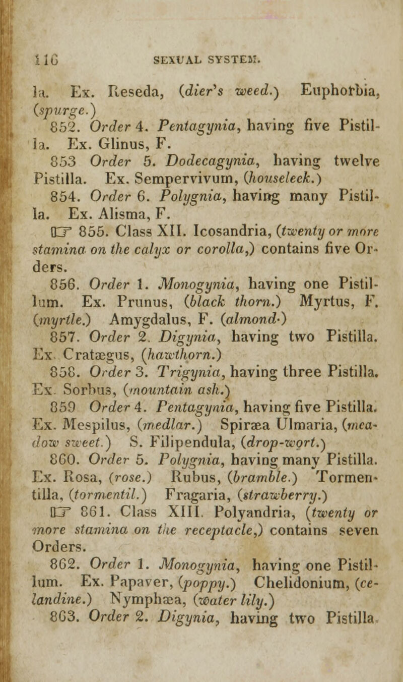 h\. Ex. Reseda, (dier's weed.) Euphorbia, (spurge.) 852. Order 4. Pentagynia, having five Pistil- la. Ex. Glinus, F. 853 Order 5. Dodecagynia, having twelve Pistilla. Ex. Sempervivurn, Qiouseleek.) 854. Order 6. Polygnia, having many Pistil- la. Ex. Alisma, F. U* 855. Class XII. Icosandria, (twenty or more stamina on the calyx or corolla,) contains five Or- ders. 856. Order 1. Monogynia, having one Pistil- lum. Ex. Prunus, (black thorn.) Myrtus, F. (myrtle.) Amygdalus, F. (almond-) 857. Order 2. Digynia, having two Pistilla. Ex. Crataegus, (hawthorn.) 858. Order 3. Trigynia, having three Pistilla. Ex. Sorbus, (mountain ash.) 859 Order 4. Pentagynia, having five Pistilla. Ex. Mespilus, (medlar.) Spiraea Ulmaria, (mea- dow sweet.) S. Filipendula, (drop-wort.) 8G0. Order 5. Polygnia, having many Pistilla. Ex. Rosa, (rose.) Rubus, (bramble.) Tormen- tilla, (tormcntil.) Fragaria, (strawberry.) R3* 861. Class XIII. Polyandria, (twenty or ■more stamina on the receptacle,) contains seven Orders. 862. Order 1. Monogynia, having one Pistil- lum. Ex. Papaver, (poppy.) Chelidoniutn, (ce- landine.) Nymphsea, (water lily.)