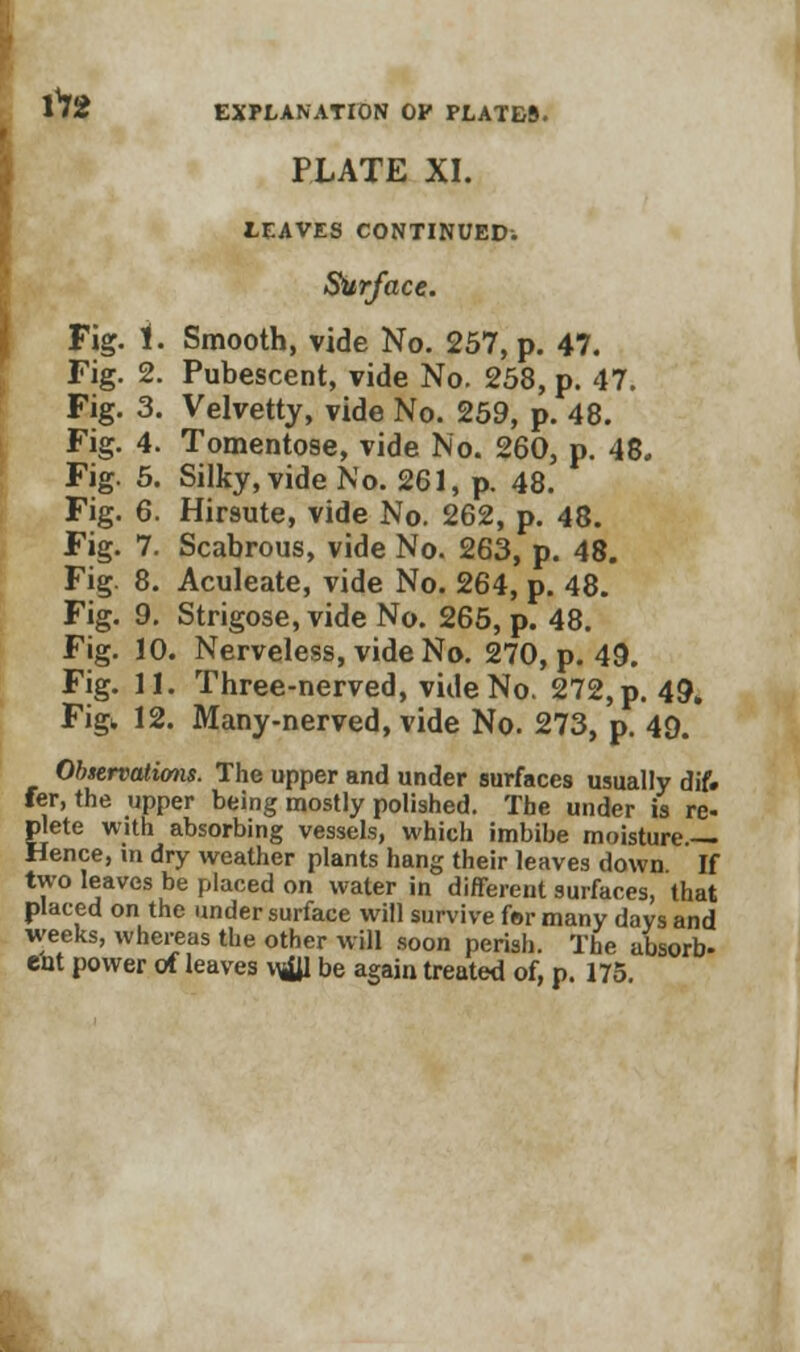 PLATE XI. LEAVES CONTINUED; Surface. Fig. i. Smooth, vide No. 257, p. 47. Fig. 2. Pubescent, vide No. 258, p. 47. Fig. 3. Velvetty, vide No. 259, p. 48. Fig. 4. Tomentose, vide No. 260, p. 48. Fig. 5. Silky, vide No. 261, p. 48. Fig. 6. Hirsute, vide No. 262, p. 48. Fig. 7. Scabrous, vide No. 263, p. 48. Fig. 8. Aculeate, vide No. 264, p. 48. Fig. 9. Strigose, vide No. 265, p. 48. Fig. 10. Nerveless, vide No. 270, p. 49. Fig. 11. Three-nerved, vide No. 272, p. 49. Figk 12. Many-nerved, vide No. 273, p. 49. Observations. The upper and under surfaces usually dif. fer, the upper being mostly polished. The under is re- plete with absorbing vessels, which imbibe moisture Hence, in dry weather plants hang their leaves down If two leaves be placed on water in different surfaces, that placed on the under surface will survive for many days and weeks, whereas the other will soon perish. The absorb- eut power of leaves vtfjl be again treated of, p. 175