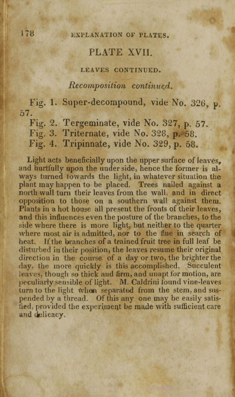 PLATE XVII. LEAVES CONTINUED. Recomposition continued. Fig. 1. Super-decompound, vide No. 326, p. 57. Fig. 2. Tergeminate, vide No. 327, p. 57. Fig. 3. Triternate, vide No. 328, p. 58. Fig. 4. Tripinnate, vide No. 329, p. 58. Light acts beneficially upon the upper surface of leaves, and hurtfully upon the under side, hence the former is al- ways turned towards the light, in whatever situation the plant may happen to be placed. Trees nailed against a north wall turn their leaves from the wall, and in direct opposition to those on a southern wall against them. Plants in a hot house all present the fronts of their leaves, and this influences even the posture of the branches, to the fide where there is more light, but neither to the quarter where most air is admitted, nor to the flue in search of heat. If the branches of a trained fruit tree in full leaf be disturbed in their position, the leaves resume their original direction in the course of a day or two, the brighter the day, the more quickly is this accomplished. Succulent leaves, though so thick and firm, and unapt for motion, are peculiarly sensible of light. M. Caldrini found vine-leaves turn to the light When separated from the stem, and sus- pended by a thread. Of this any one may be easily satis- tied, provided the expcrhneiit be made with sufficient care and delicacy.