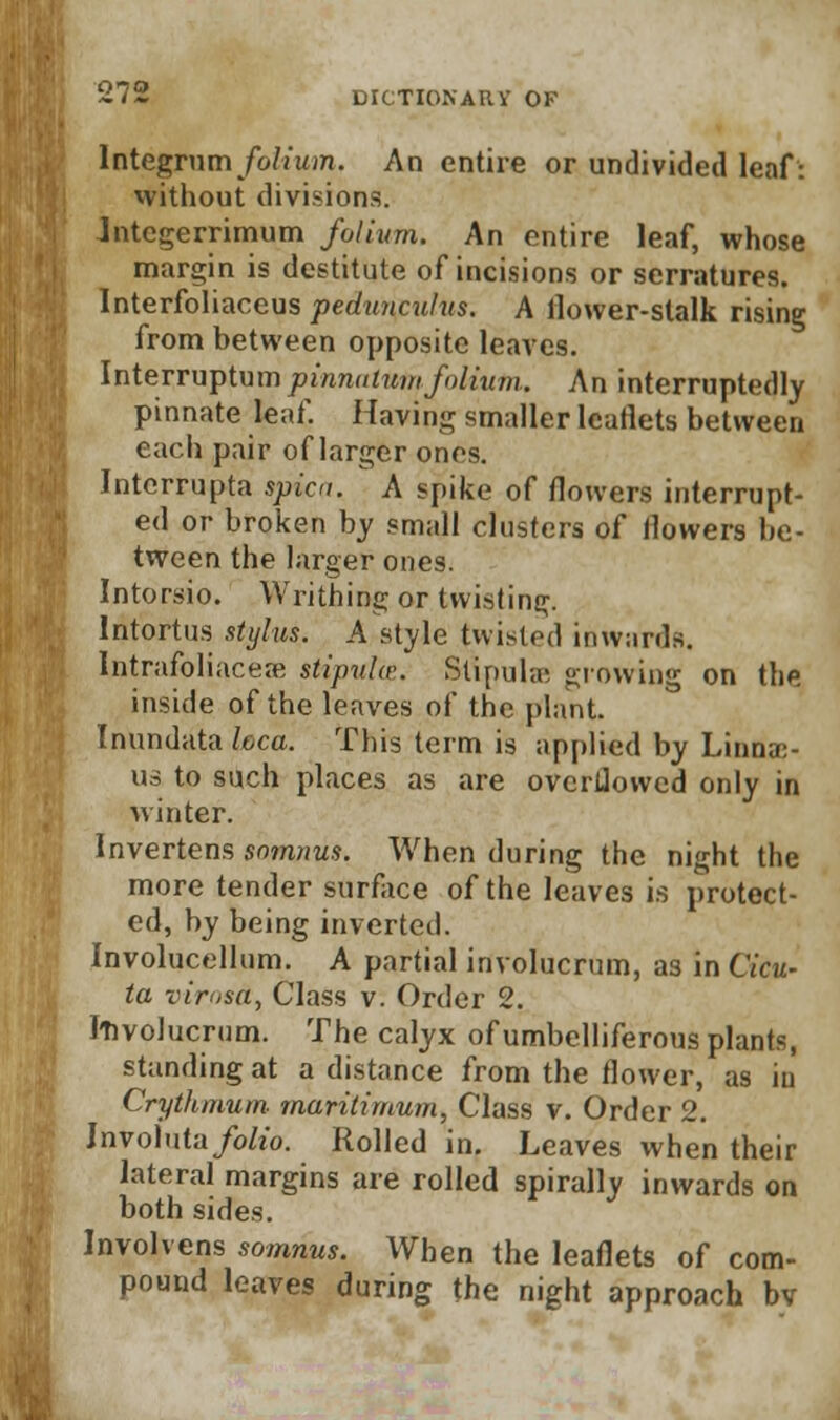 Integrum folium. An entire or undivided leaf: without divisions. Jntegerrimum folium. An entire leaf, whose margin is destitute of incisions or serratures. Interfoliaceus peduncuhis. A flower-stalk rising from between opposite leaves. InteTVuptximpinnalumfolium. An interruptedly pinnate leaf. Having smaller leaflets between each pair of larger ones. Interrupta spica. A spike of flowers interrupt- ed or broken by small clusters of flowers be- tween the larger ones. Intorsio. Writhing or twisting. lntortus stylus. A style twisted inward*. Ijatrafbliaceae stipules. Stipule growing on the inside of the leaves of the plant. Inundata loc'a. This term is applied by Linna> us to such places as are overflowed only in winter. Invertens snmnus. When during the night the more tender surface of the leaves is protect- ed, by being inverted. Involucdlum. A partial involucrum, as in Cicu- ta virosd, Class v. Order 2. Itivolucrtim. The calyx of umbelliferous plants, standing at a distance from the flower, as in Crythmum rnaritimum, Class v. Order 2. Involuta/o/j'o. Rolled in. Leaves when their lateral margins are rolled spirally inwards on both sides. Involvens somnus. When the leaflets of com- pound leaves during the night approach bv